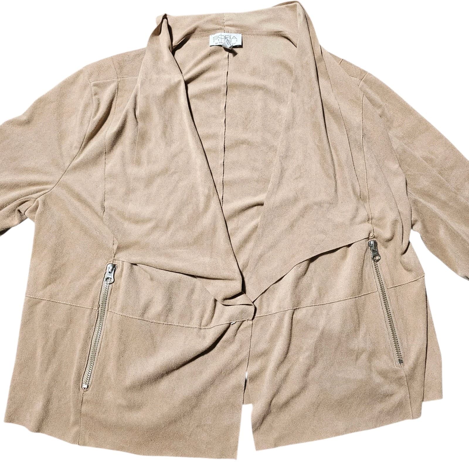 Womens Sofia Vergara Drapey Moto Jacket Beige Faux Suede Open Long Sleeve Size L - Thumbnail 2