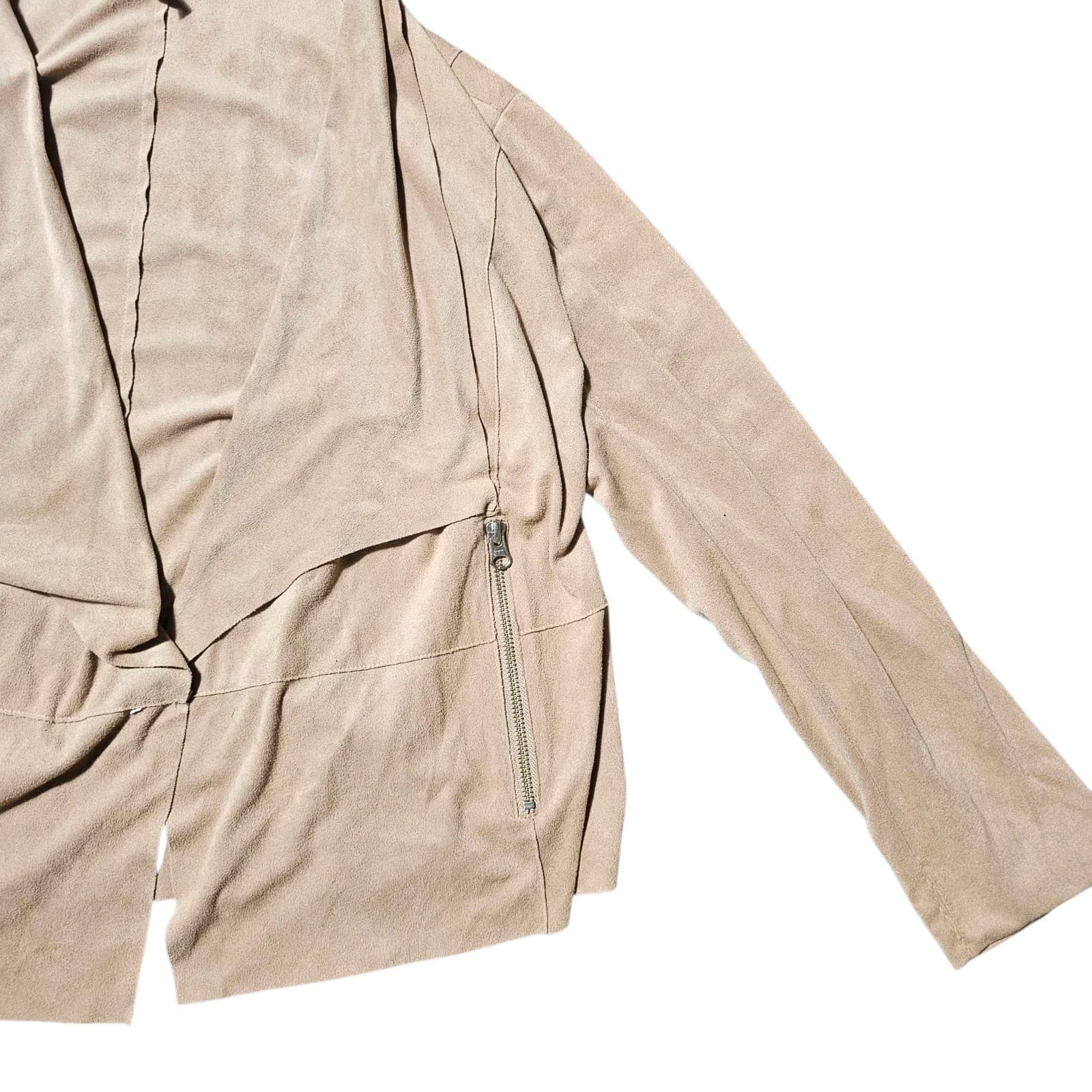Womens Sofia Vergara Drapey Moto Jacket Beige Faux Suede Open Long Sleeve Size L - Thumbnail 3