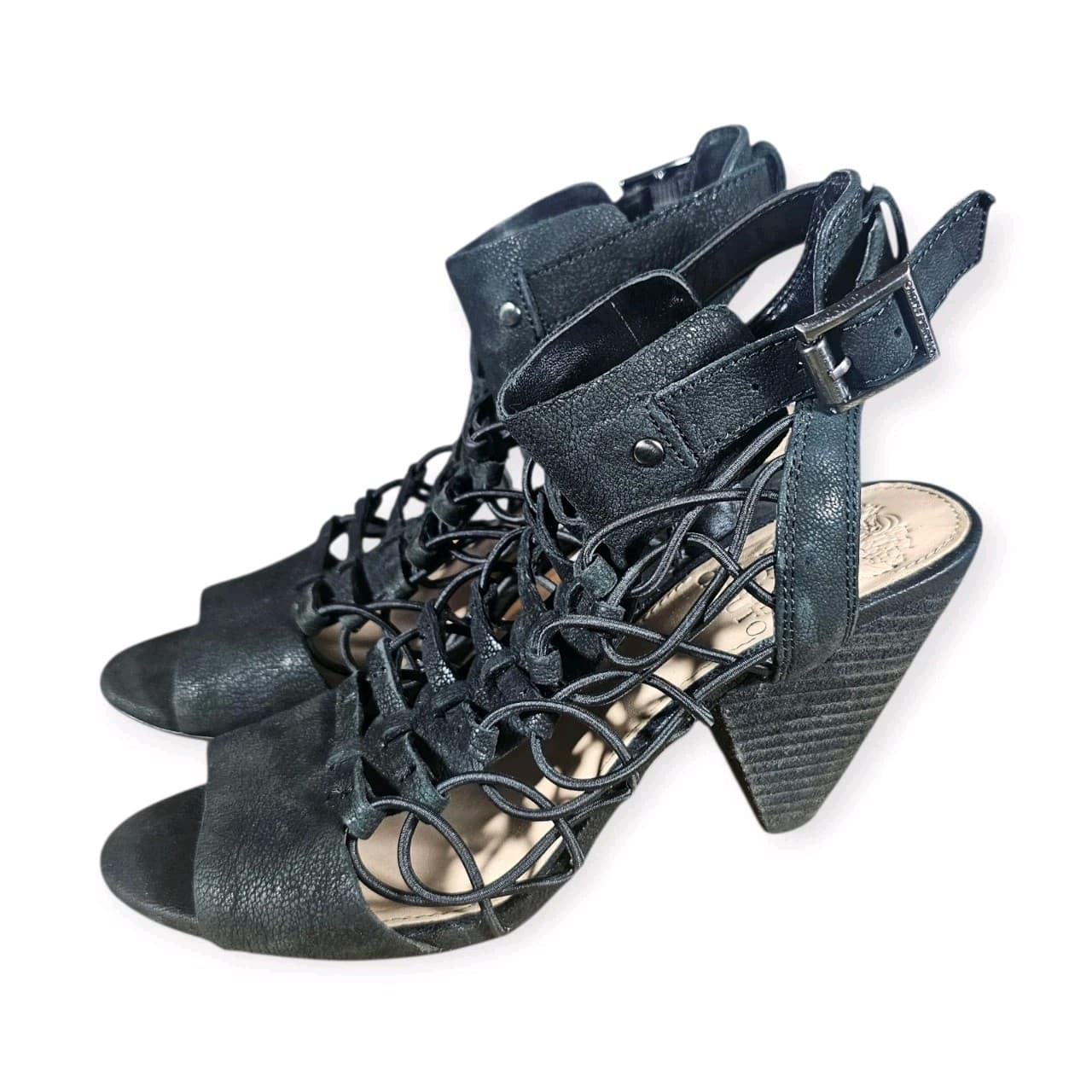 Vince Camuto Size 5m Heels Evel Cages Sandal In Black Cone Heel Leather Size 5m