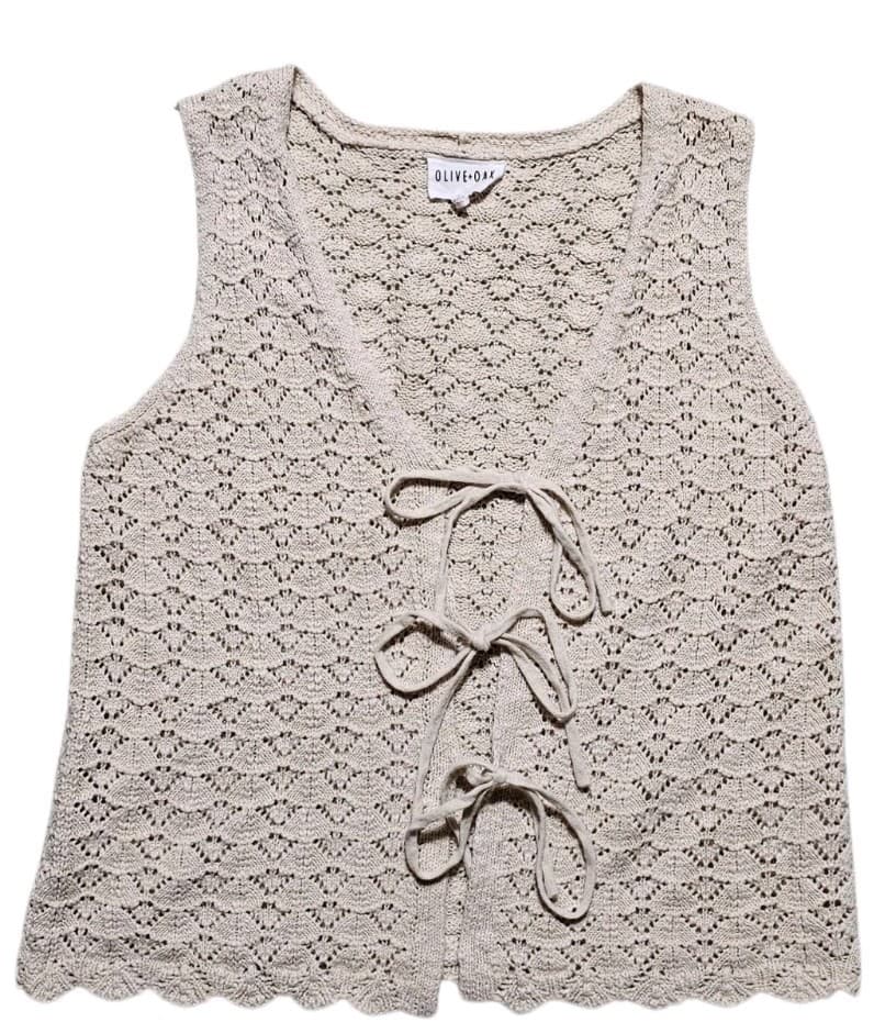 Olive And Oak Pointelle- Stitch Crochet Vest Beige Woman's Size L - Thumbnail 2