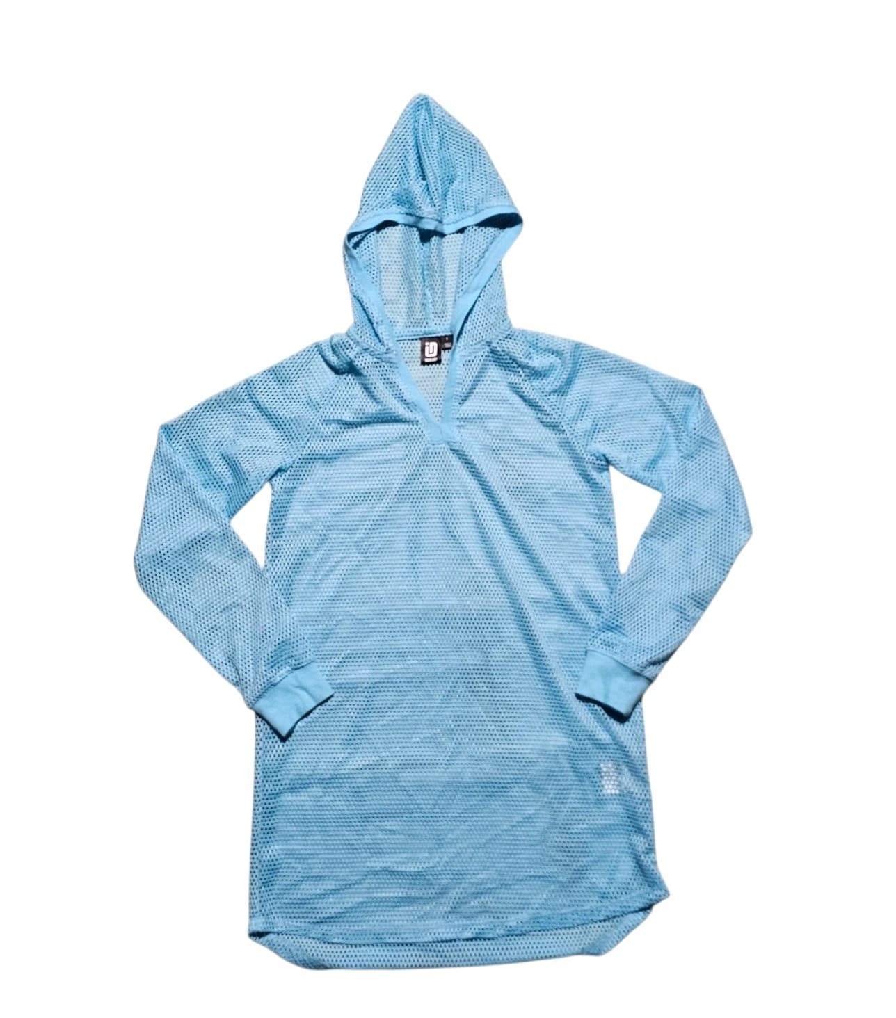 Ideology Aqua Color Mesh Long Sleeve Hooded Tunic Swimsuit Cover Up Woman's L