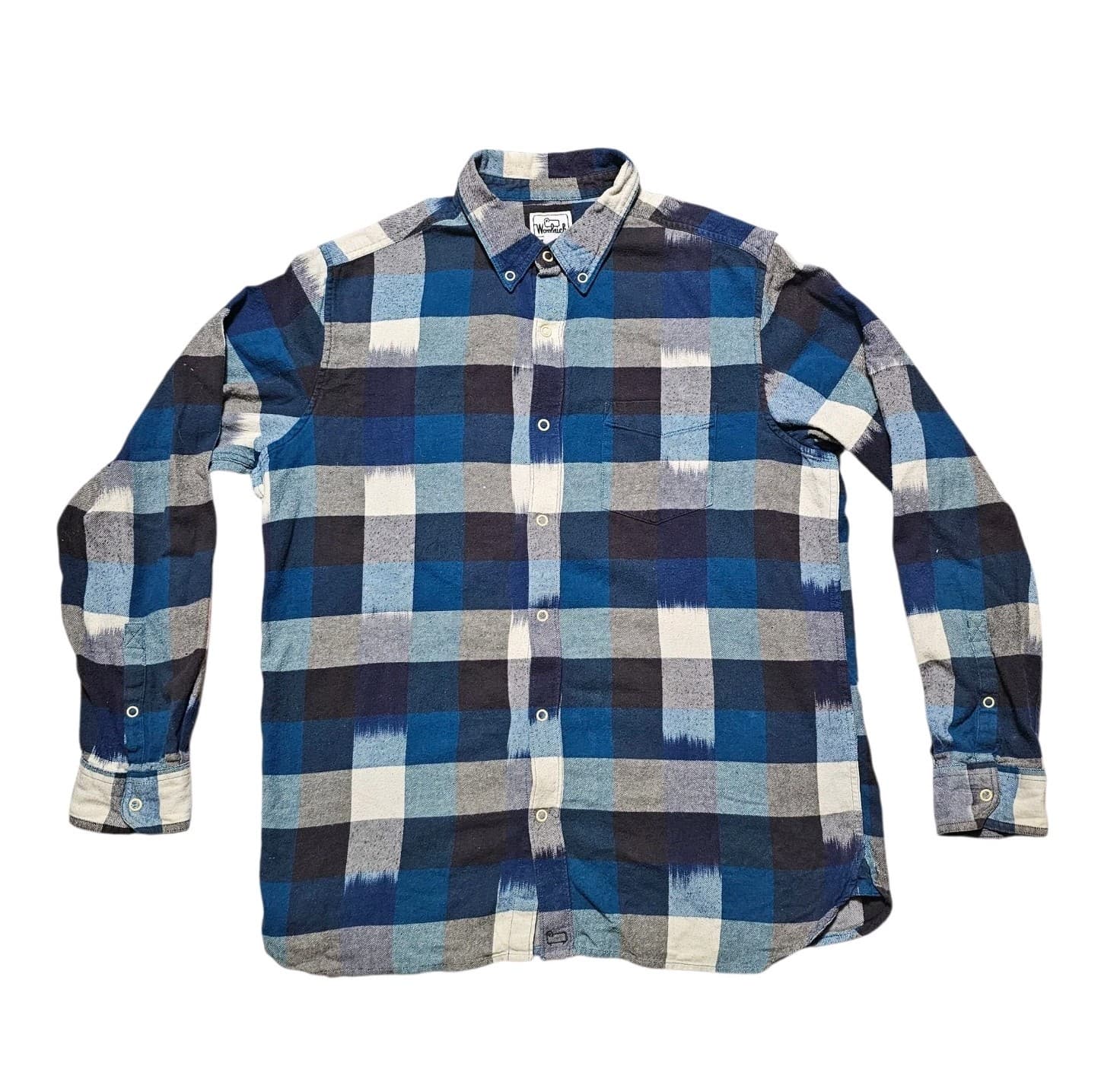 Woolrich Snap Up L/S Shirt Blue Black Indian Plaid Check Cotton Flannel Mens L