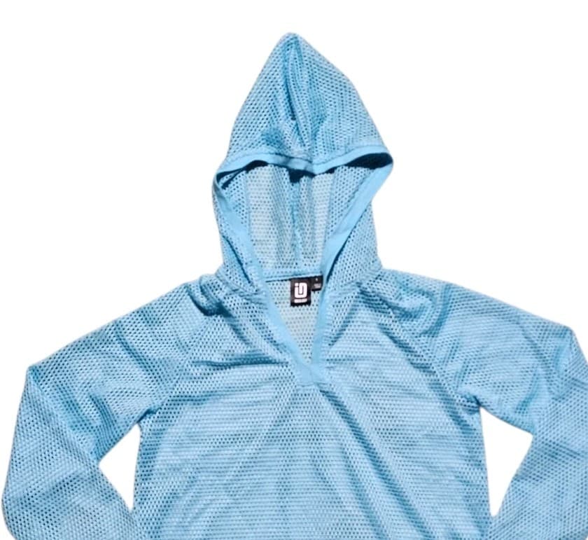 Ideology Aqua Color Mesh Long Sleeve Hooded Tunic Swimsuit Cover Up Woman's L - Thumbnail 2