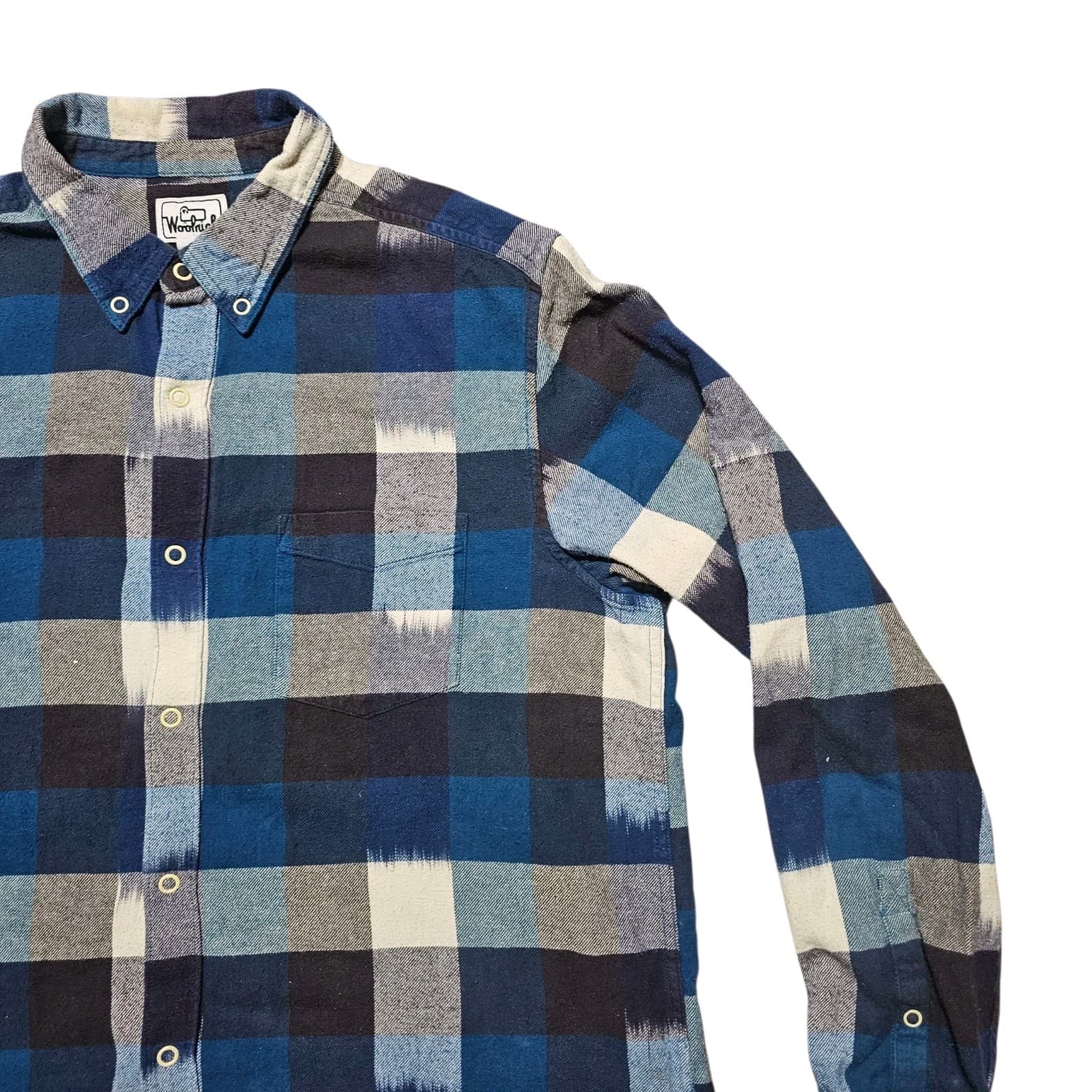 Woolrich Snap Up L/S Shirt Blue Black Indian Plaid Check Cotton Flannel Mens L - Thumbnail 2