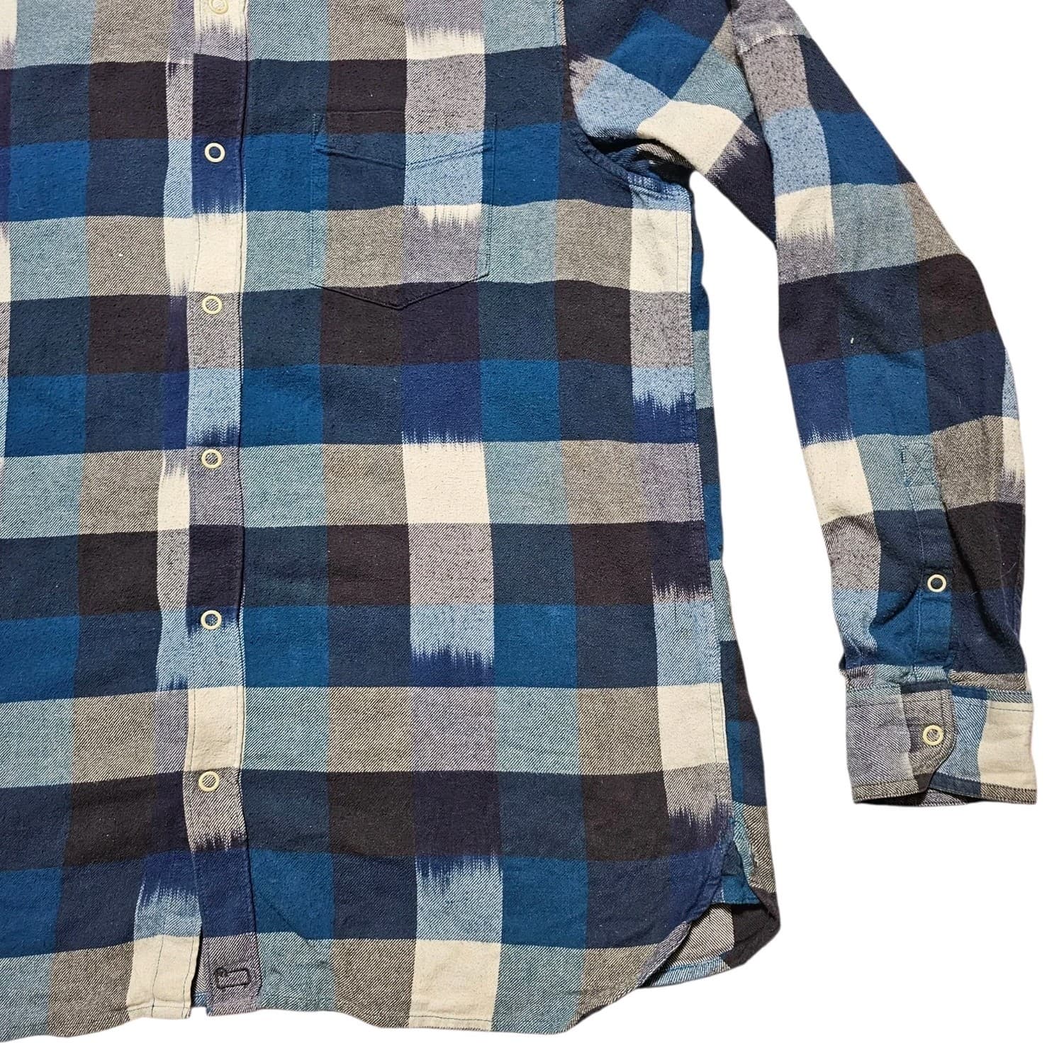 Woolrich Snap Up L/S Shirt Blue Black Indian Plaid Check Cotton Flannel Mens L - Thumbnail 3