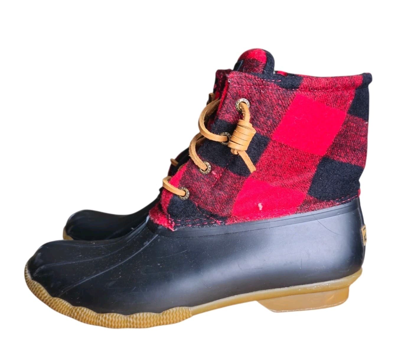 Sperry Boots Womens 9m Saltwater Plaid Ankle Duck Boot Red And Black Wool Blend - Thumbnail 2