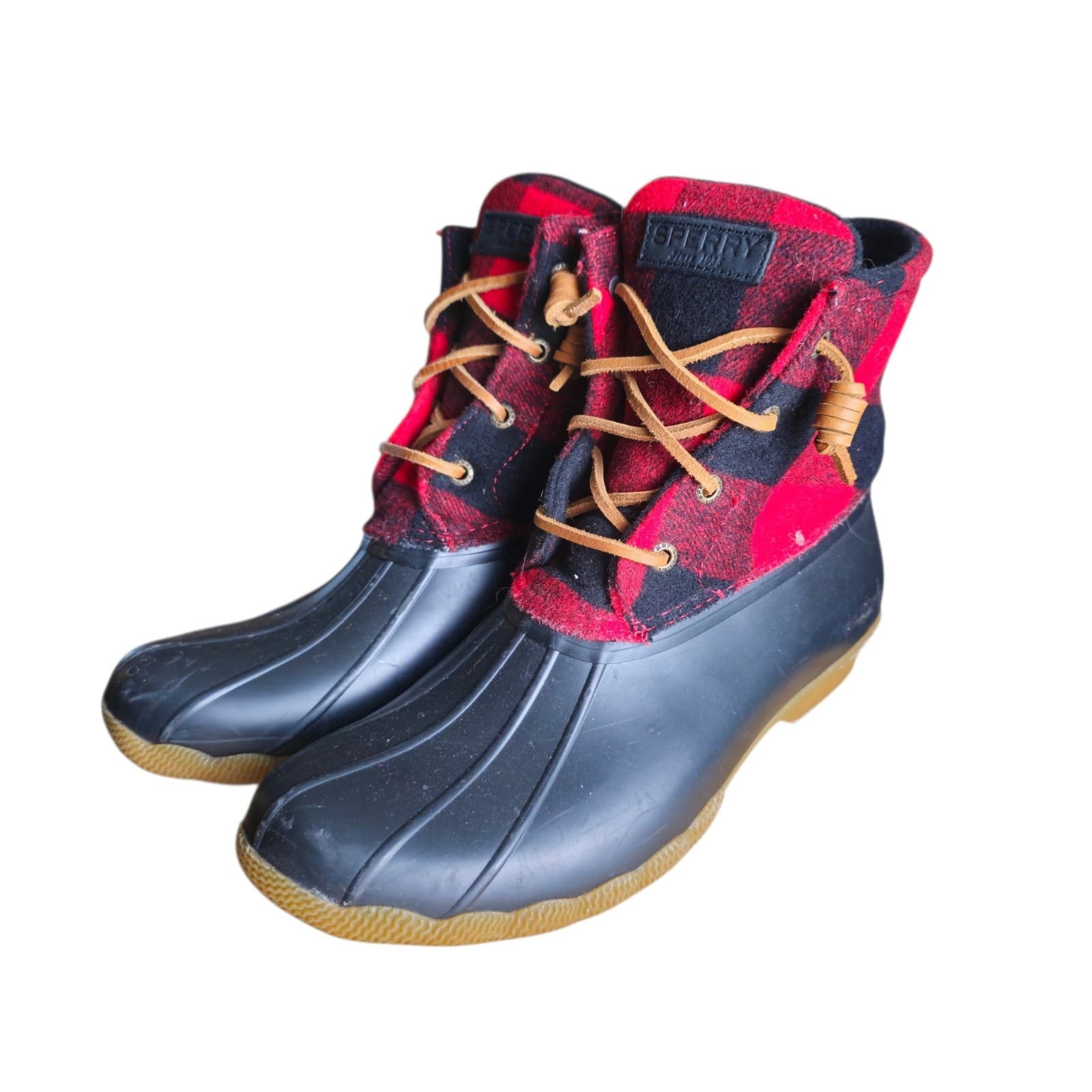 Sperry Boots Womens 9m Saltwater Plaid Ankle Duck Boot Red And Black Wool Blend