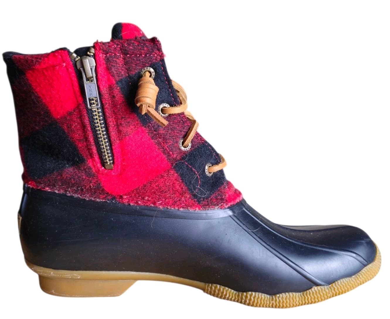 Sperry Boots Womens 9m Saltwater Plaid Ankle Duck Boot Red And Black Wool Blend - Thumbnail 6
