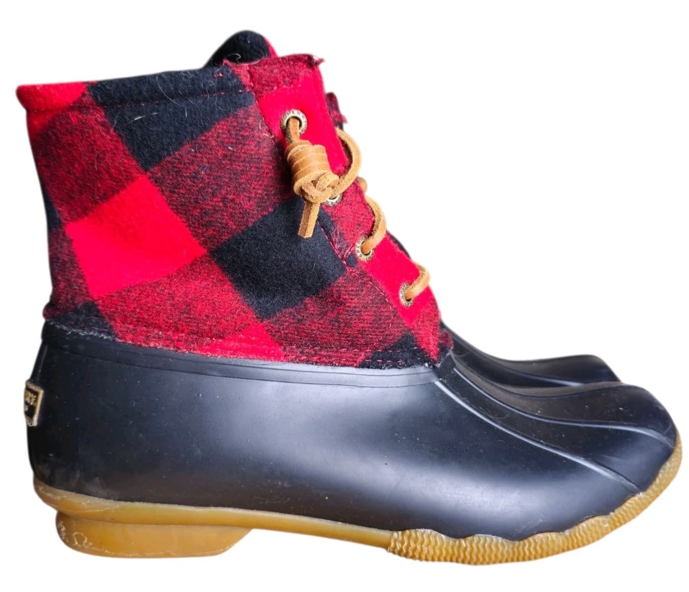 Sperry Boots Womens 9m Saltwater Plaid Ankle Duck Boot Red And Black Wool Blend - Thumbnail 4