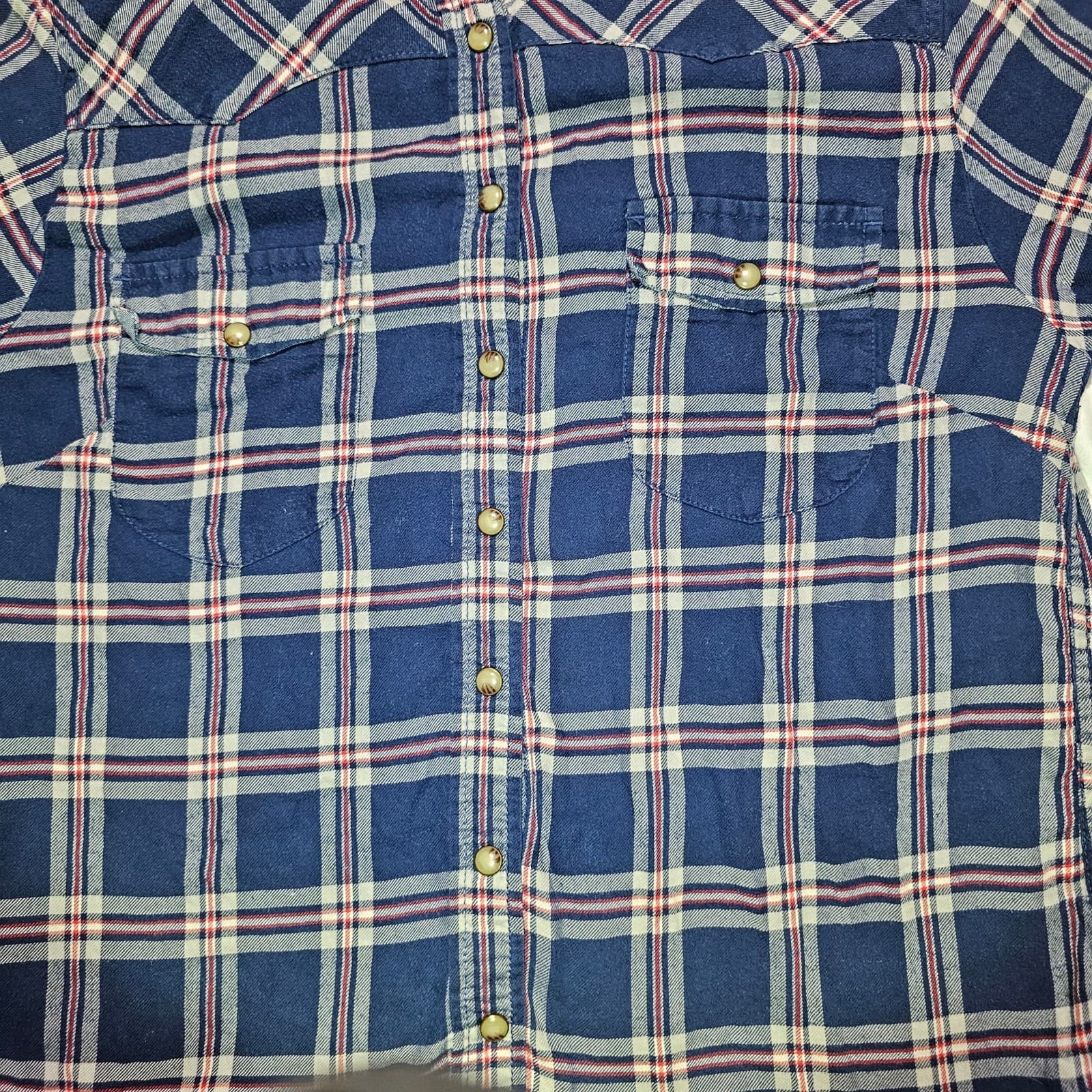 Bea Jachs Girlfriend Shirt Womens Medium Red Blue Soft Flannel Plaid snap Button - Thumbnail 4