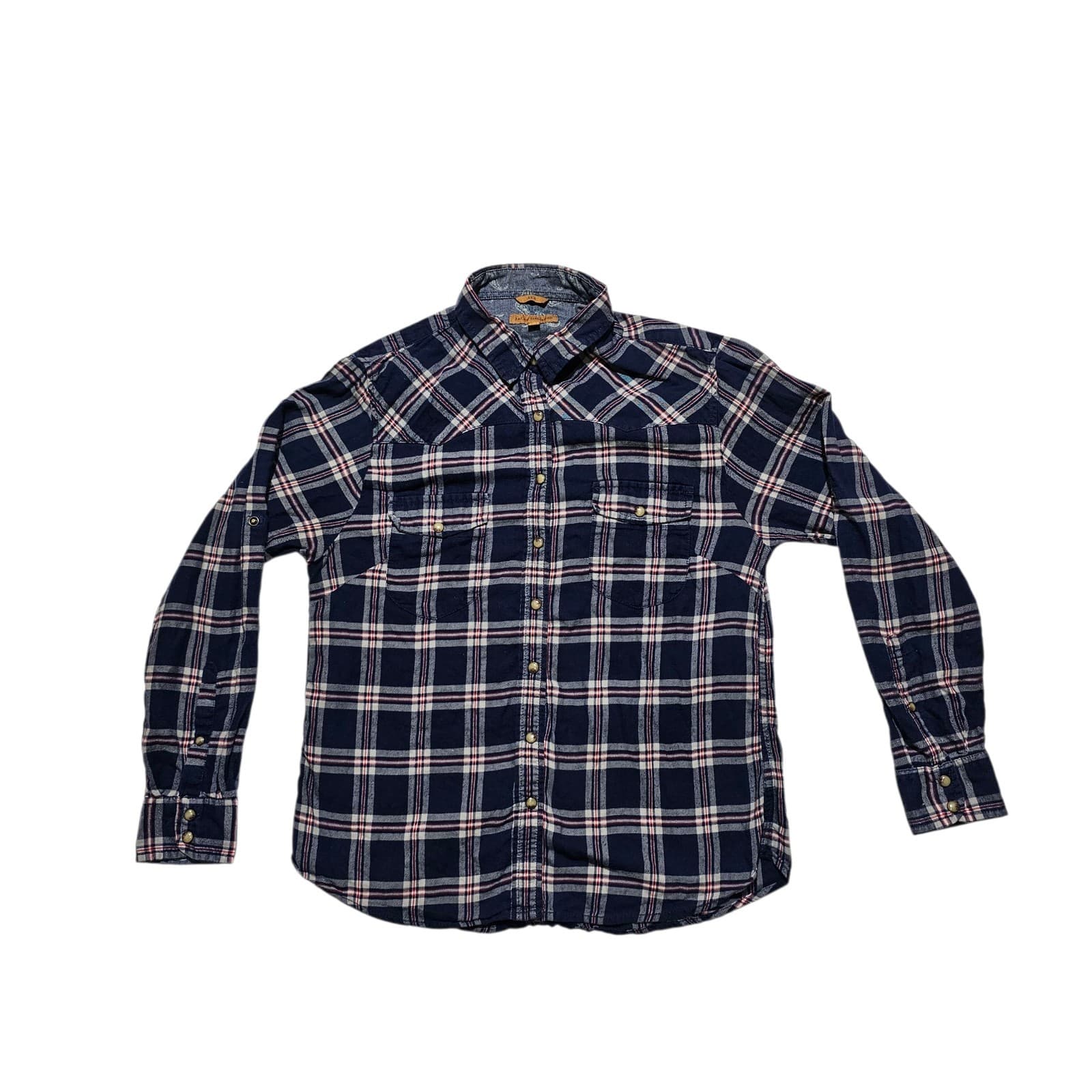 Bea Jachs Girlfriend Shirt Womens Medium Red Blue Soft Flannel Plaid snap Button
