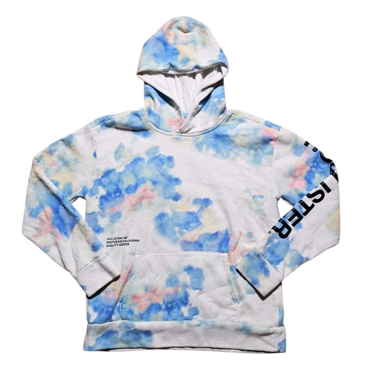 Hollister Mens White Tie-Dye Logo Pullover Hoodie Sweatshirt Size Medium