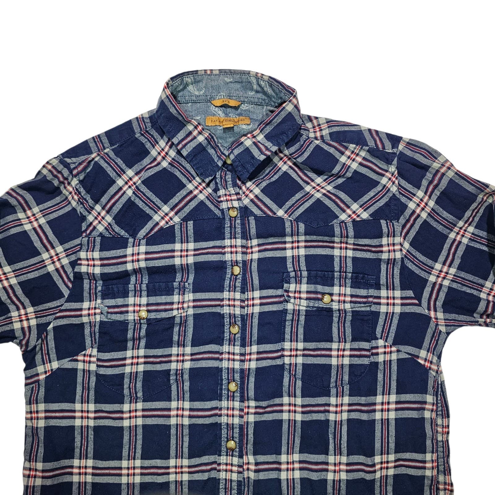 Bea Jachs Girlfriend Shirt Womens Medium Red Blue Soft Flannel Plaid snap Button - Thumbnail 2