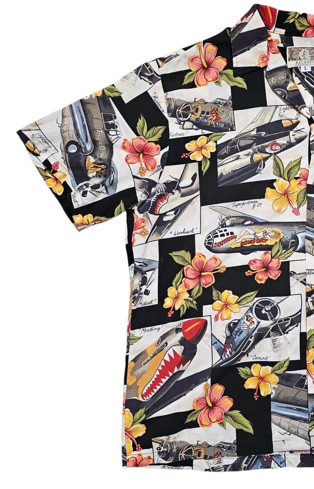 Kalaheo WWII Fighter Plane Bomber Shirt Hawaiian Camp Aloha Mens Vintage Large - Thumbnail 5