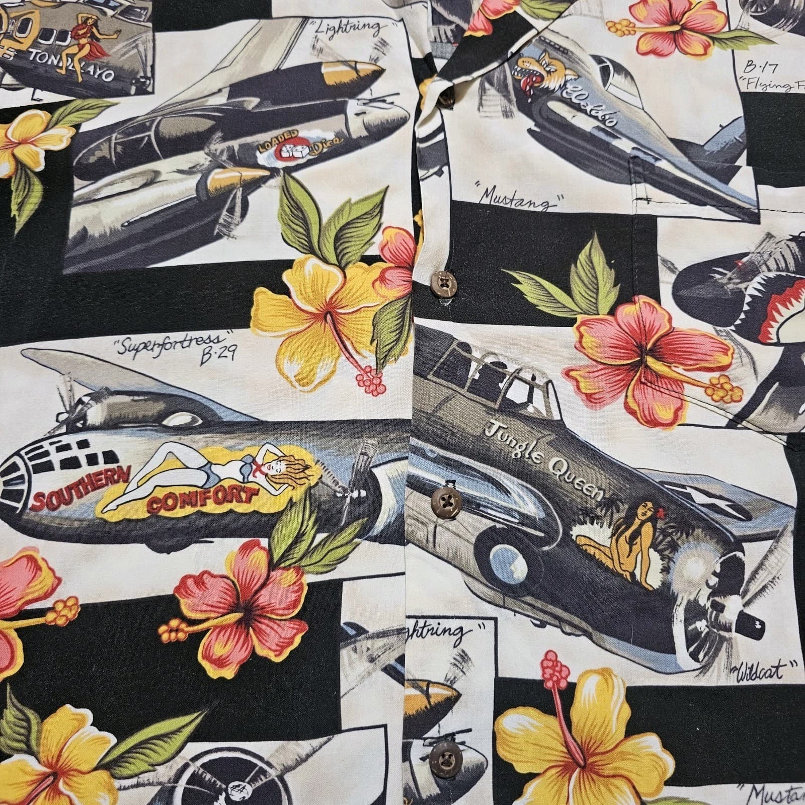 Kalaheo WWII Fighter Plane Bomber Shirt Hawaiian Camp Aloha Mens Vintage Large - Thumbnail 14