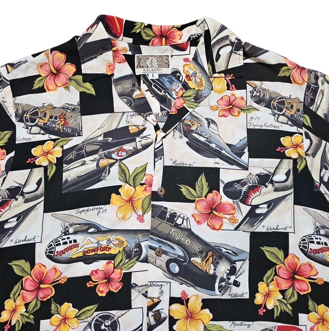 Kalaheo WWII Fighter Plane Bomber Shirt Hawaiian Camp Aloha Mens Vintage Large - Thumbnail 3