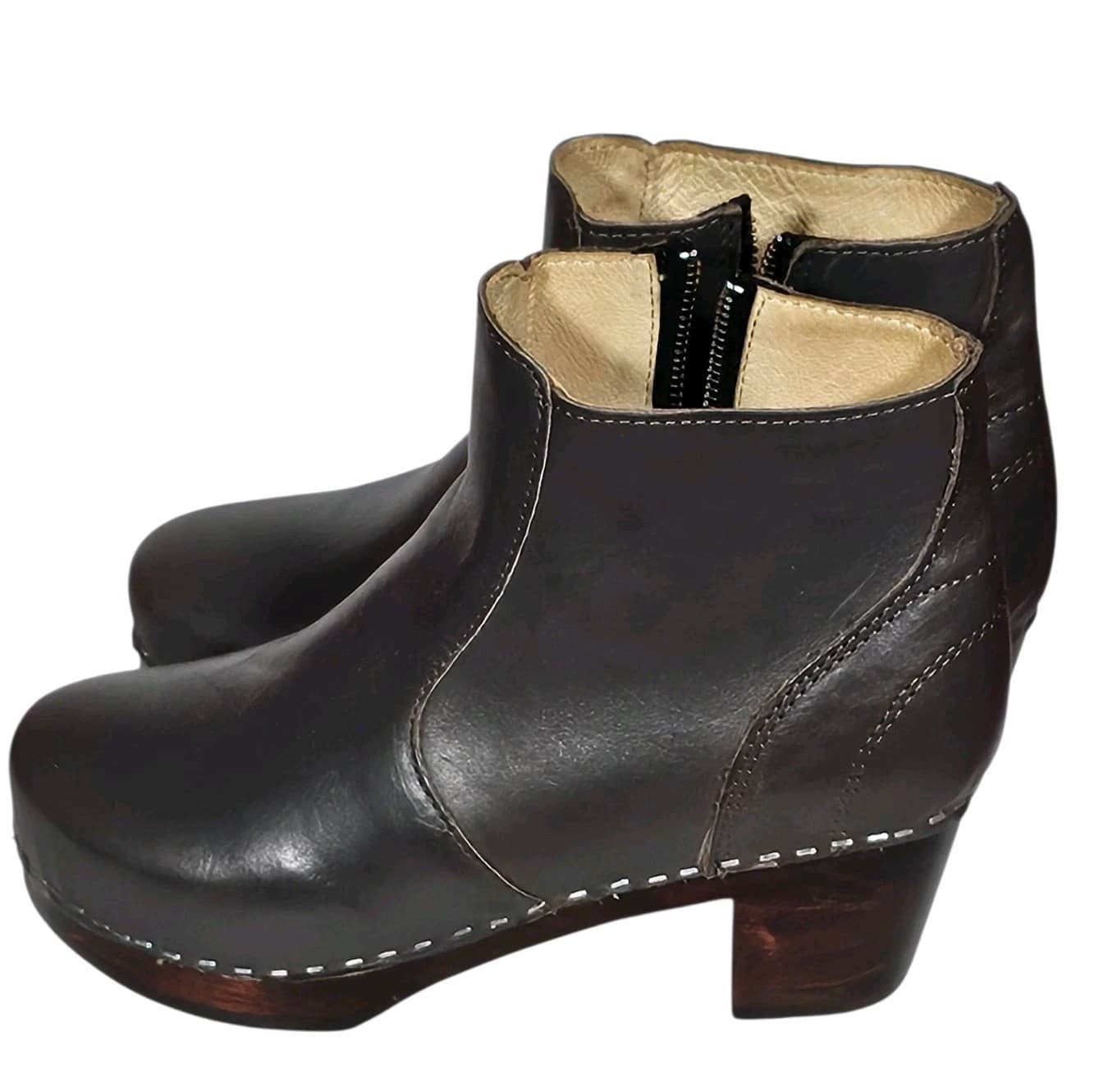 Maguba Auckland Handmade Swedish Leather Clog Boots Grey Wood Heel Size Eu[37] - Thumbnail 3