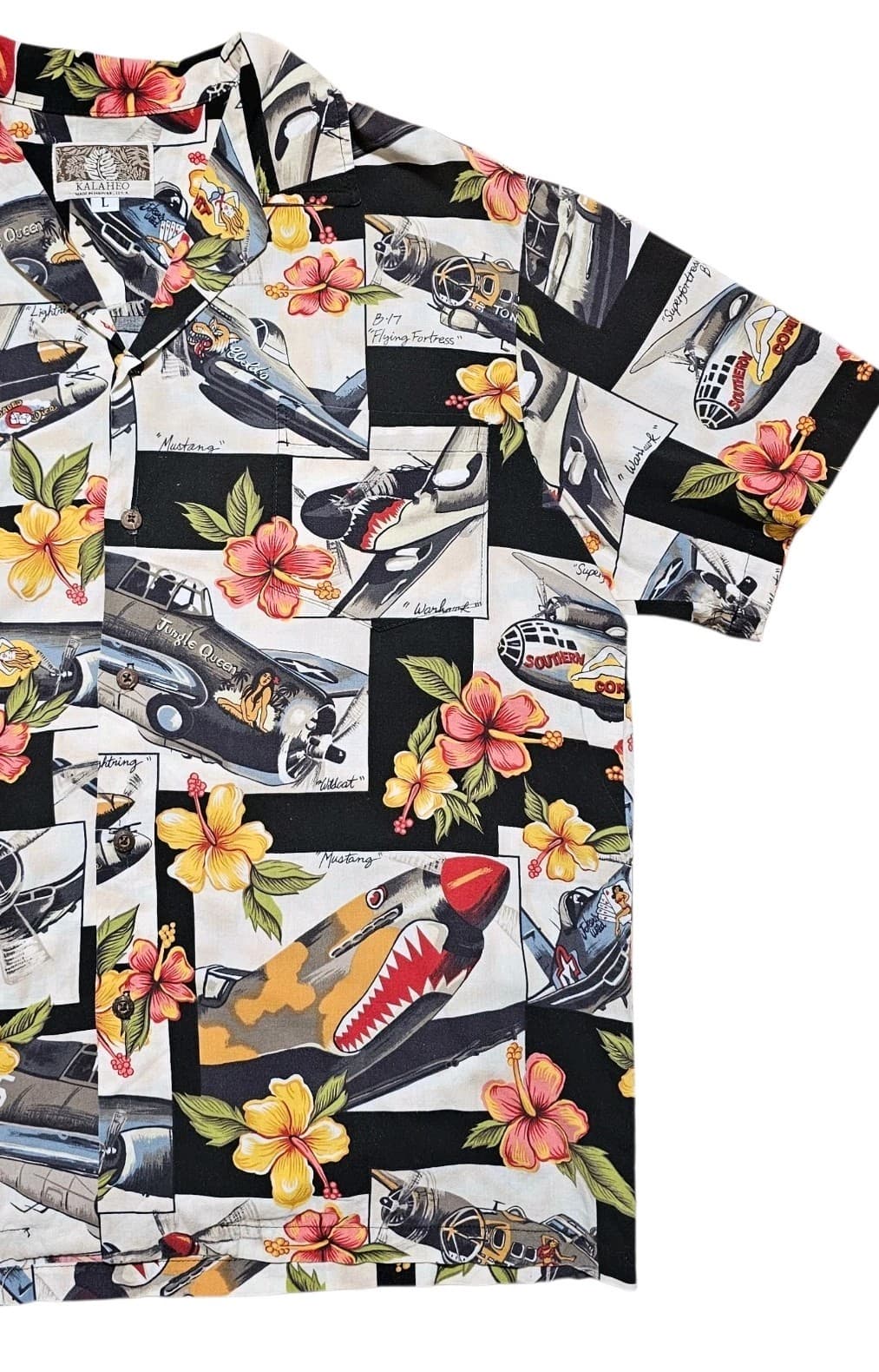 Kalaheo WWII Fighter Plane Bomber Shirt Hawaiian Camp Aloha Mens Vintage Large - Thumbnail 4
