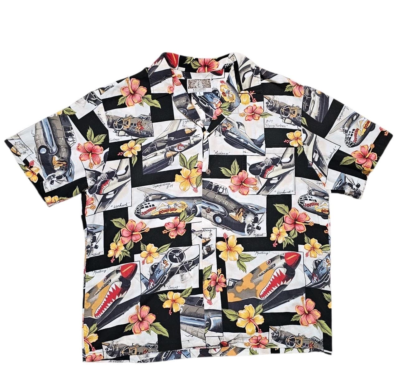 Kalaheo WWII Fighter Plane Bomber Shirt Hawaiian Camp Aloha Mens Vintage Large