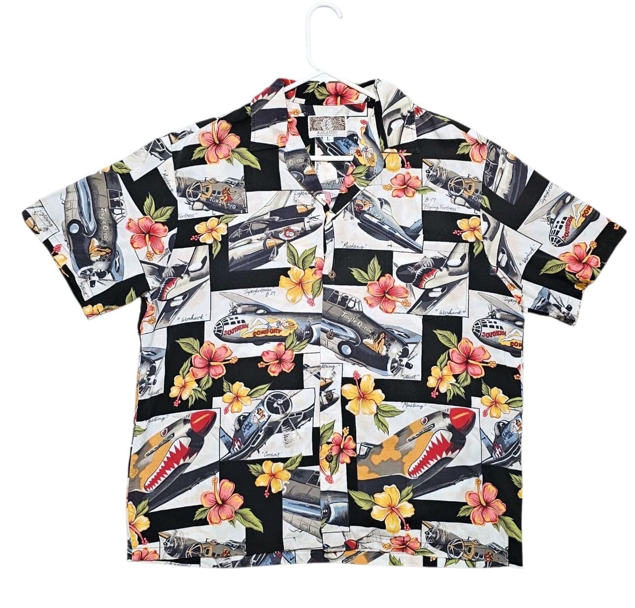 Kalaheo WWII Fighter Plane Bomber Shirt Hawaiian Camp Aloha Mens Vintage Large - Thumbnail 6