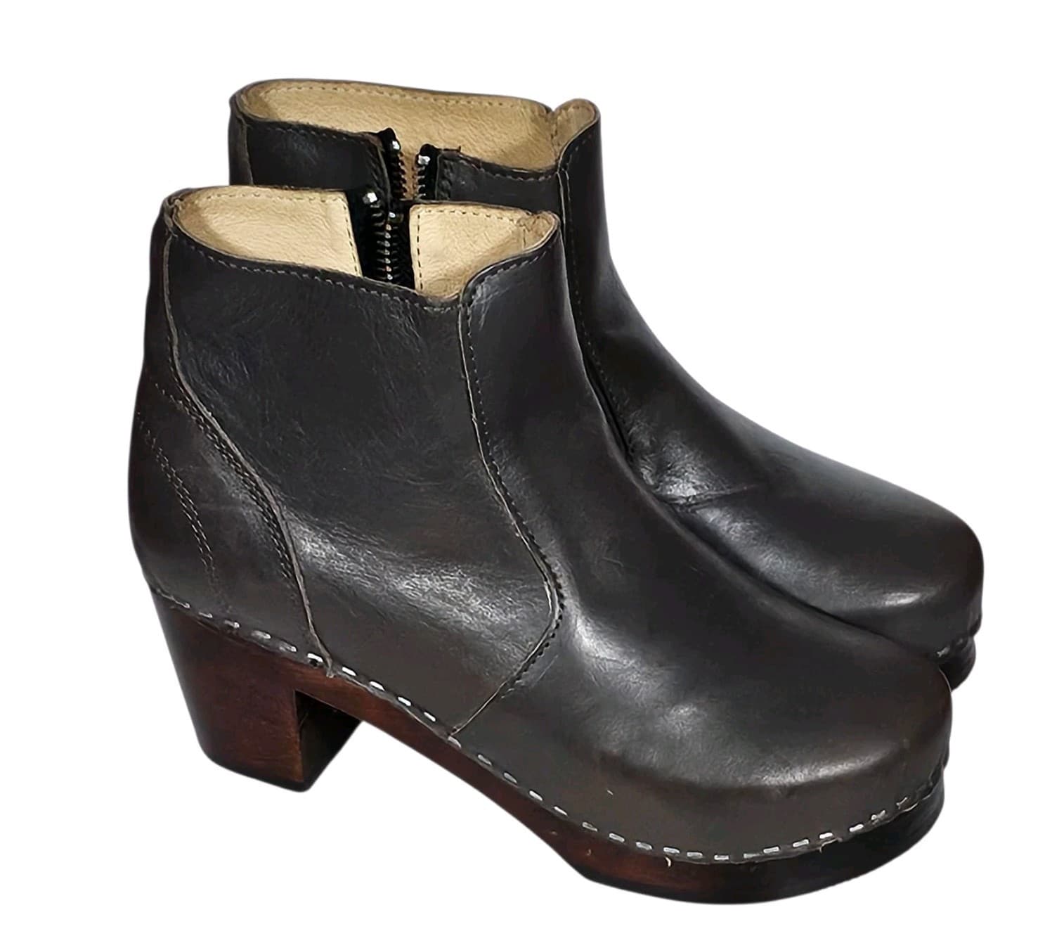 Maguba Auckland Handmade Swedish Leather Clog Boots Grey Wood Heel Size Eu[37]