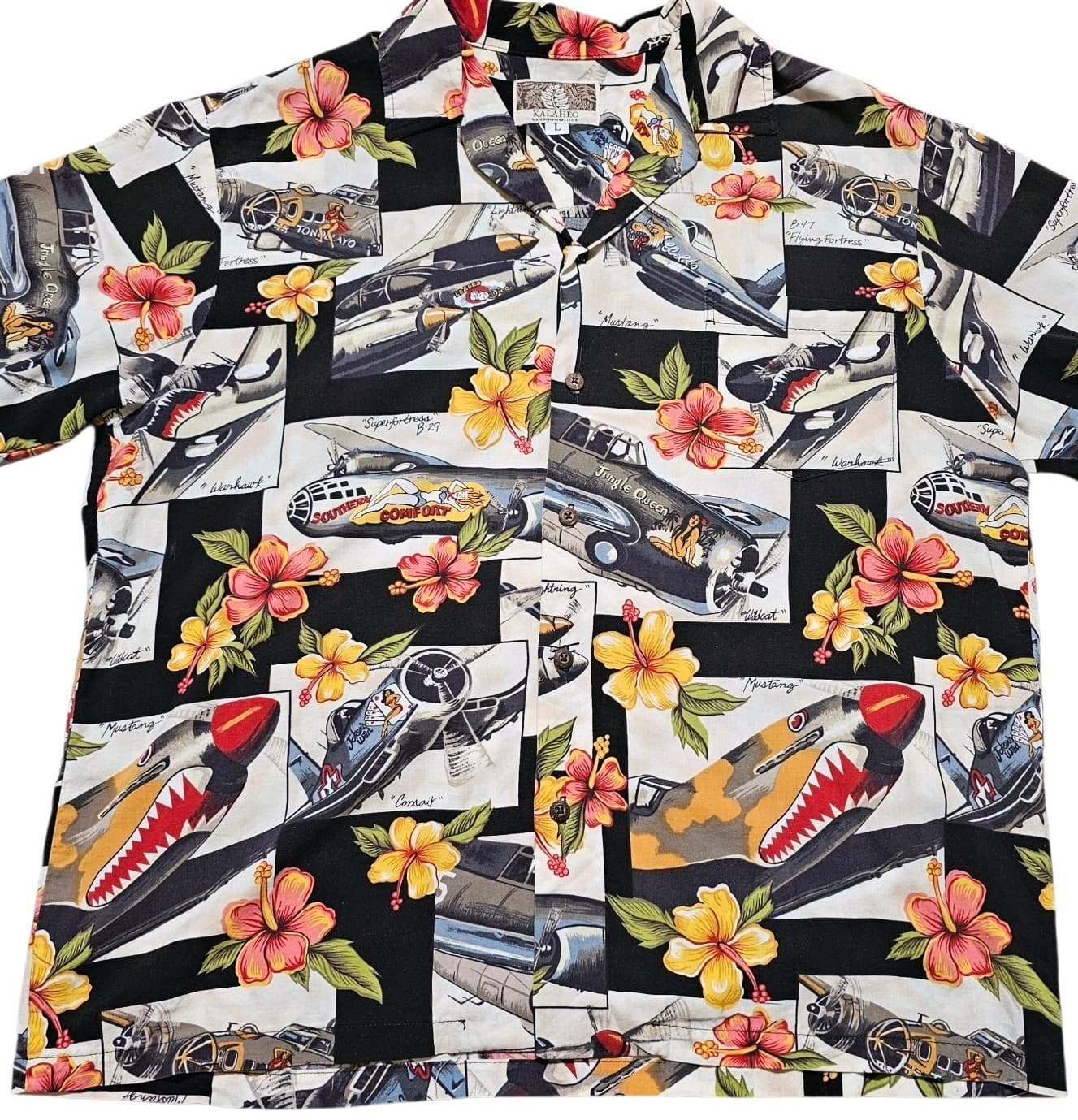 Kalaheo WWII Fighter Plane Bomber Shirt Hawaiian Camp Aloha Mens Vintage Large - Thumbnail 2