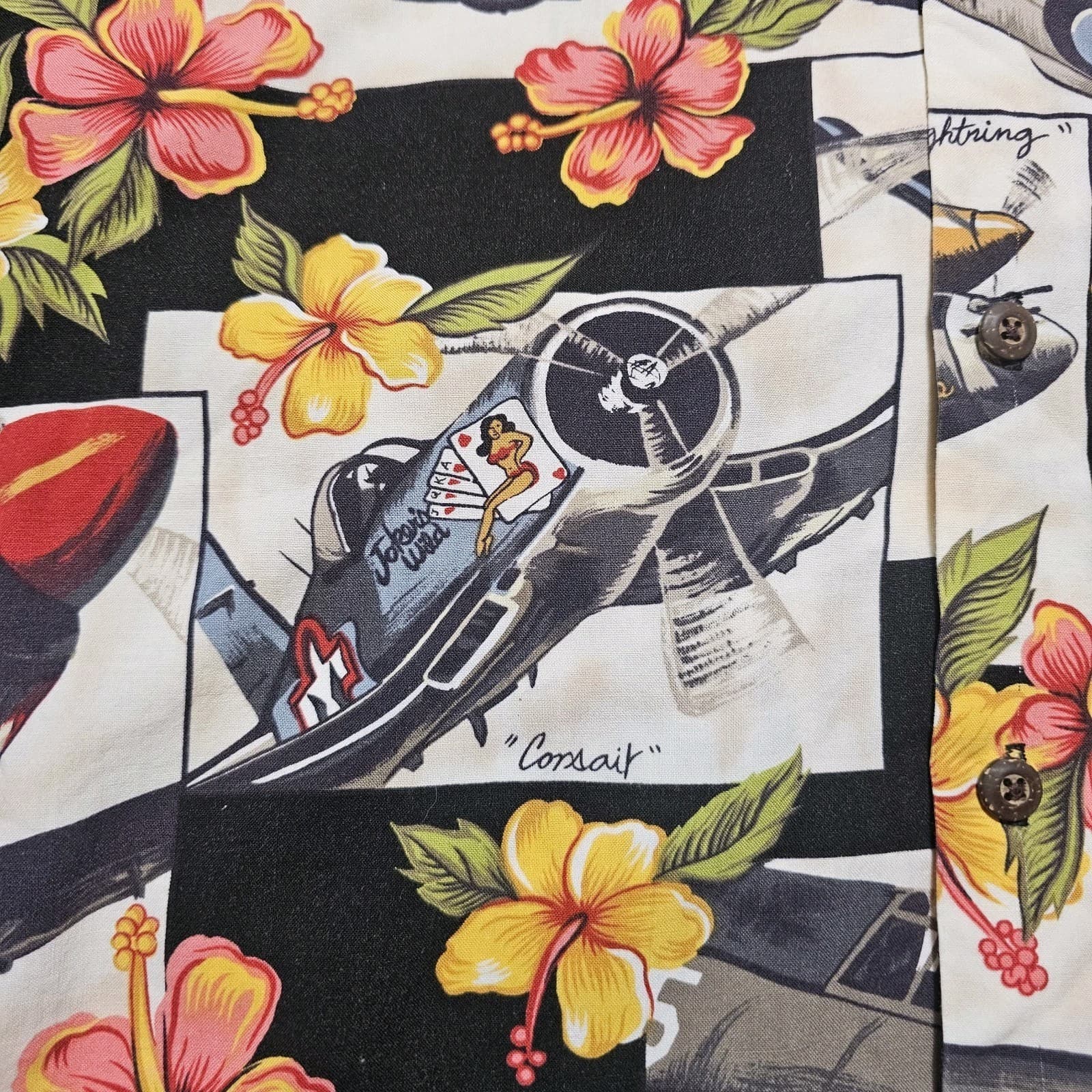 Kalaheo WWII Fighter Plane Bomber Shirt Hawaiian Camp Aloha Mens Vintage Large - Thumbnail 13