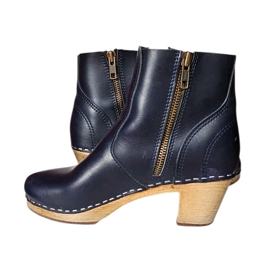 Magabu Auckland Sweeden Black Leather Clog Boot Wood Heel Woman Eu(37) Handmade
