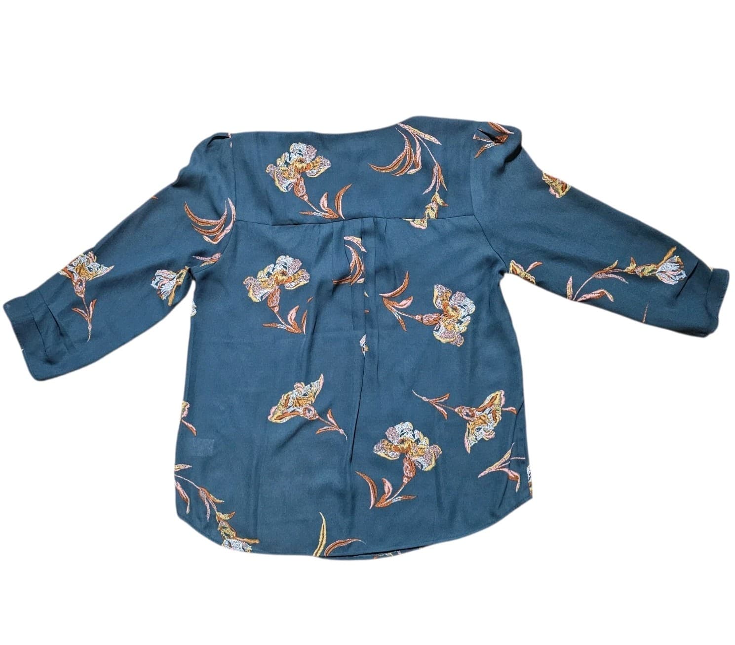 DR2 By Daniel Rainn Teal Floral V-neck Blouse Pleat Front Iris Print Size Medium - Thumbnail 7