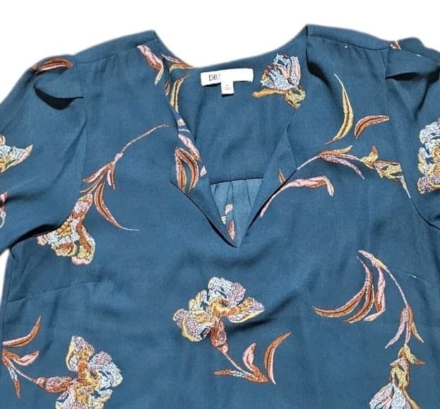 DR2 By Daniel Rainn Teal Floral V-neck Blouse Pleat Front Iris Print Size Medium - Thumbnail 3