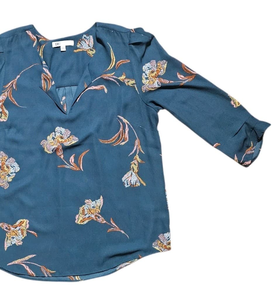 DR2 By Daniel Rainn Teal Floral V-neck Blouse Pleat Front Iris Print Size Medium - Thumbnail 6