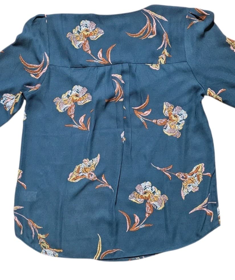 DR2 By Daniel Rainn Teal Floral V-neck Blouse Pleat Front Iris Print Size Medium - Thumbnail 8
