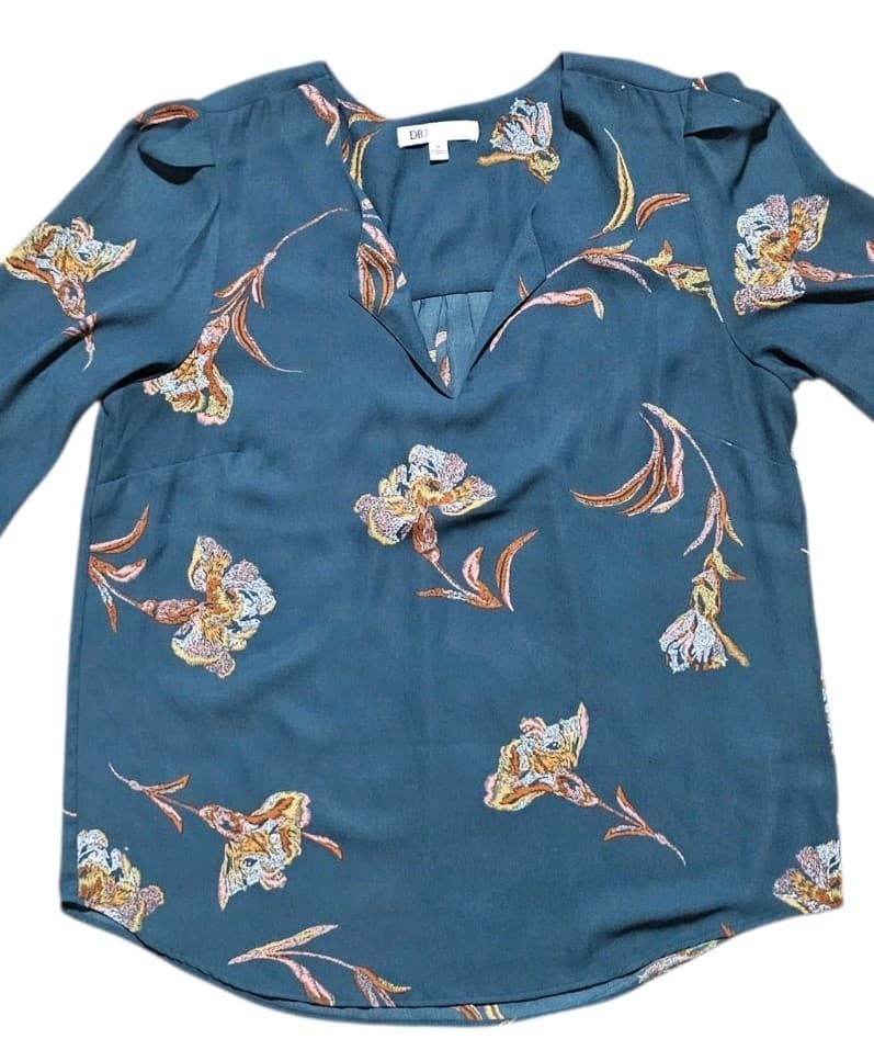 DR2 By Daniel Rainn Teal Floral V-neck Blouse Pleat Front Iris Print Size Medium - Thumbnail 2