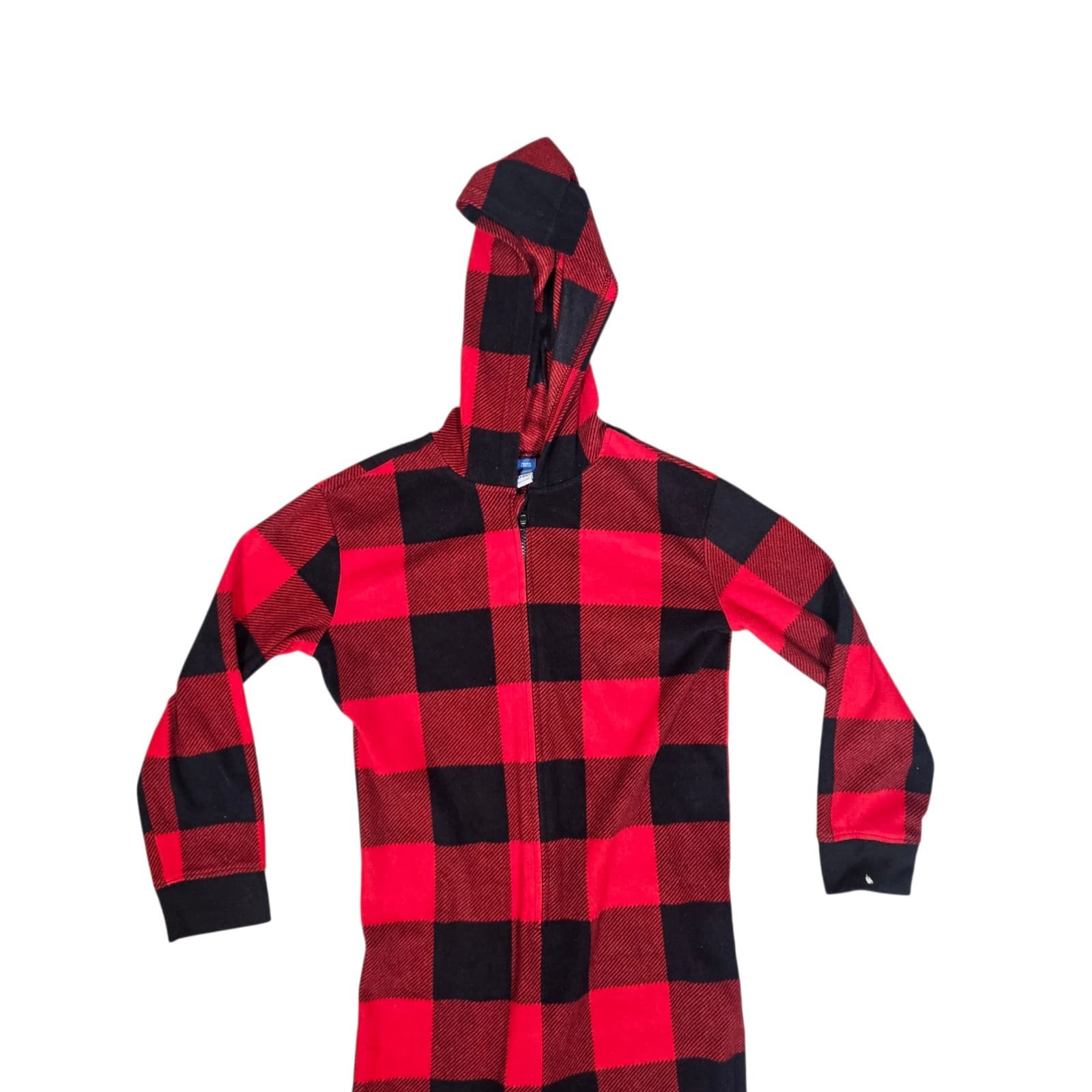 Old Navy unisex Kids Large Red Black Buffalo Plaid Zip Up Hood One Piece Pajama - Thumbnail 2