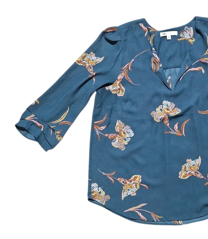 DR2 By Daniel Rainn Teal Floral V-neck Blouse Pleat Front Iris Print Size Medium - Thumbnail 5