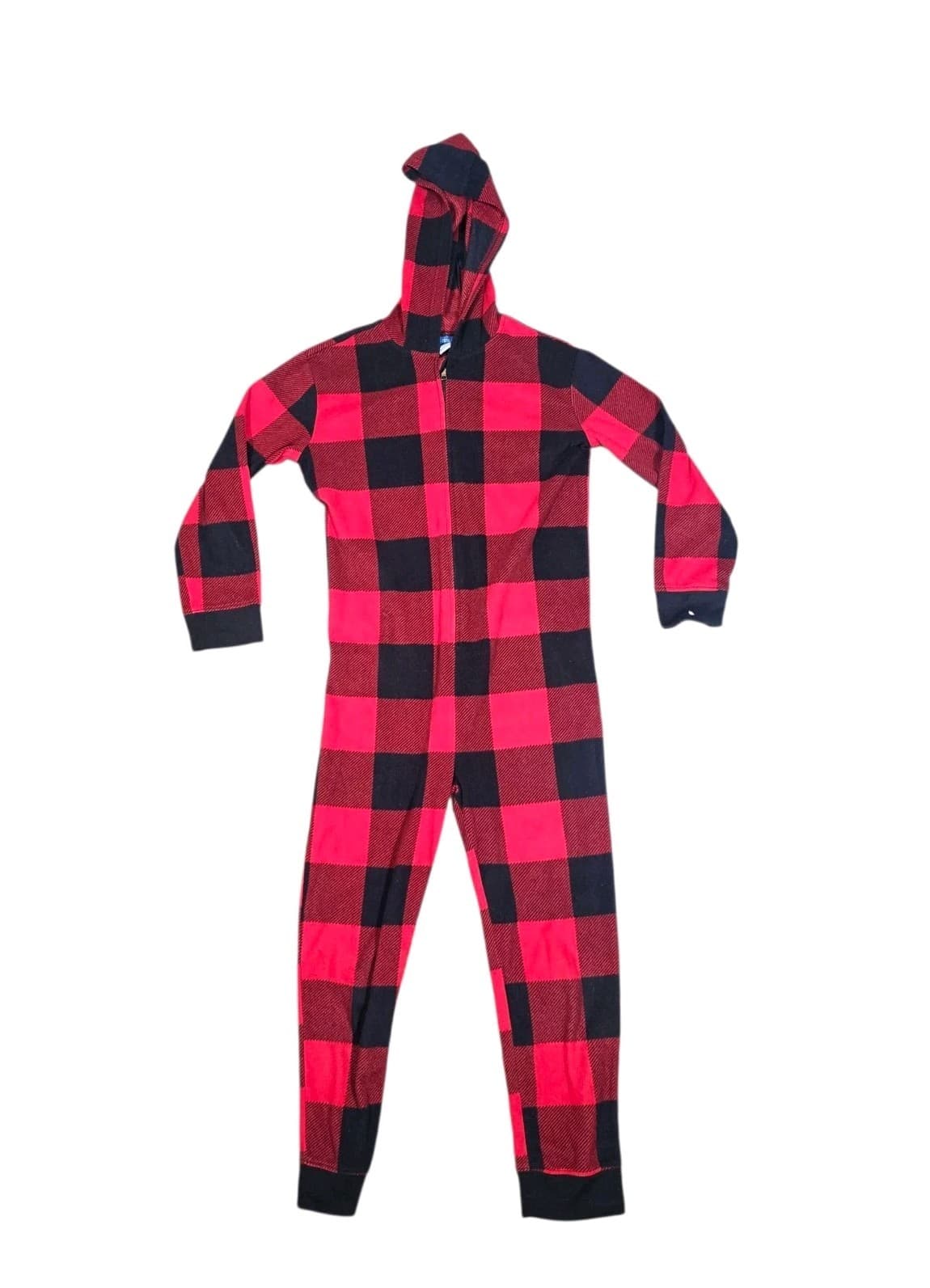 Old Navy unisex Kids Large Red Black Buffalo Plaid Zip Up Hood One Piece Pajama