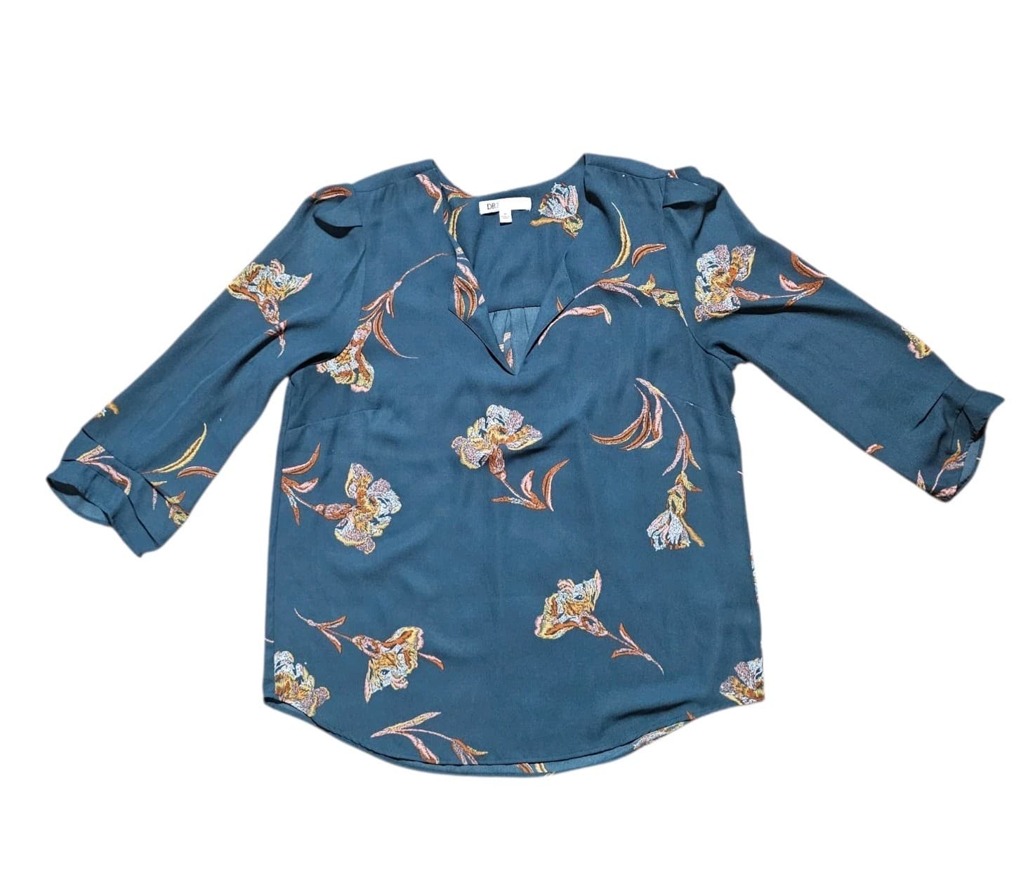 DR2 By Daniel Rainn Teal Floral V-neck Blouse Pleat Front Iris Print Size Medium