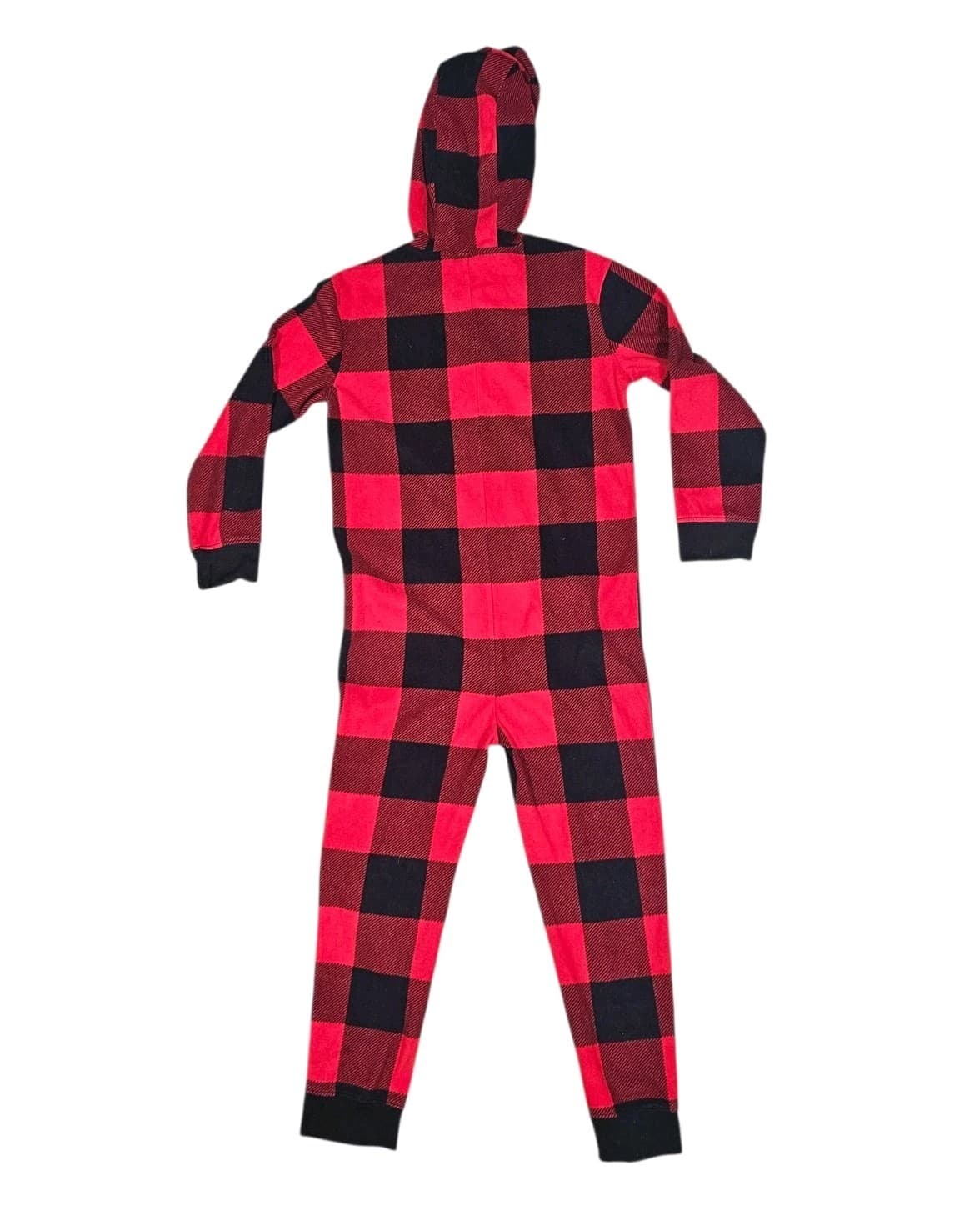 Old Navy unisex Kids Large Red Black Buffalo Plaid Zip Up Hood One Piece Pajama - Thumbnail 3