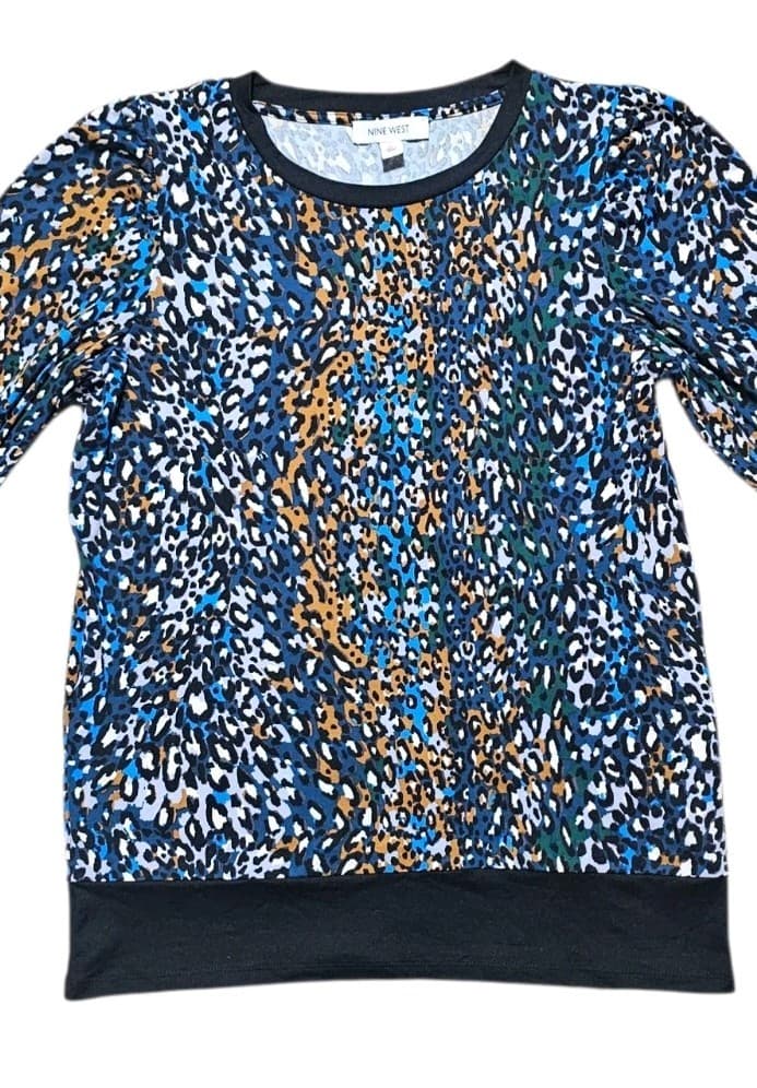Nine West Blue Yellow abstract Leapard Pebble Print Top Womans Medium - Thumbnail 2