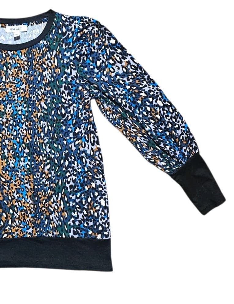 Nine West Blue Yellow abstract Leapard Pebble Print Top Womans Medium - Thumbnail 5