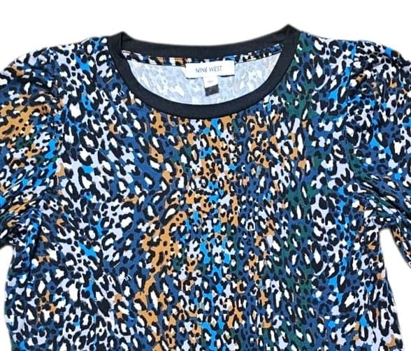Nine West Blue Yellow abstract Leapard Pebble Print Top Womans Medium - Thumbnail 3