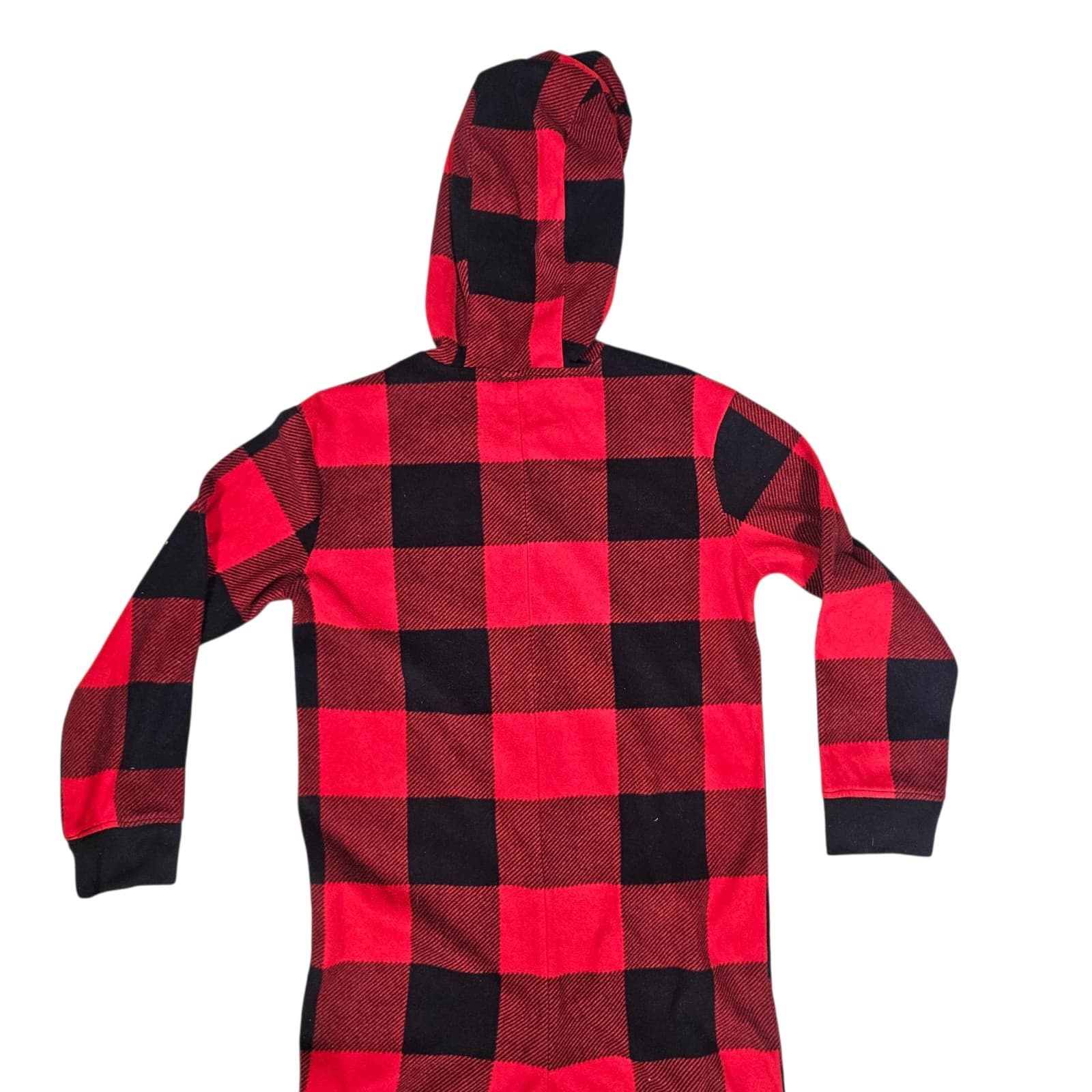 Old Navy unisex Kids Large Red Black Buffalo Plaid Zip Up Hood One Piece Pajama - Thumbnail 4