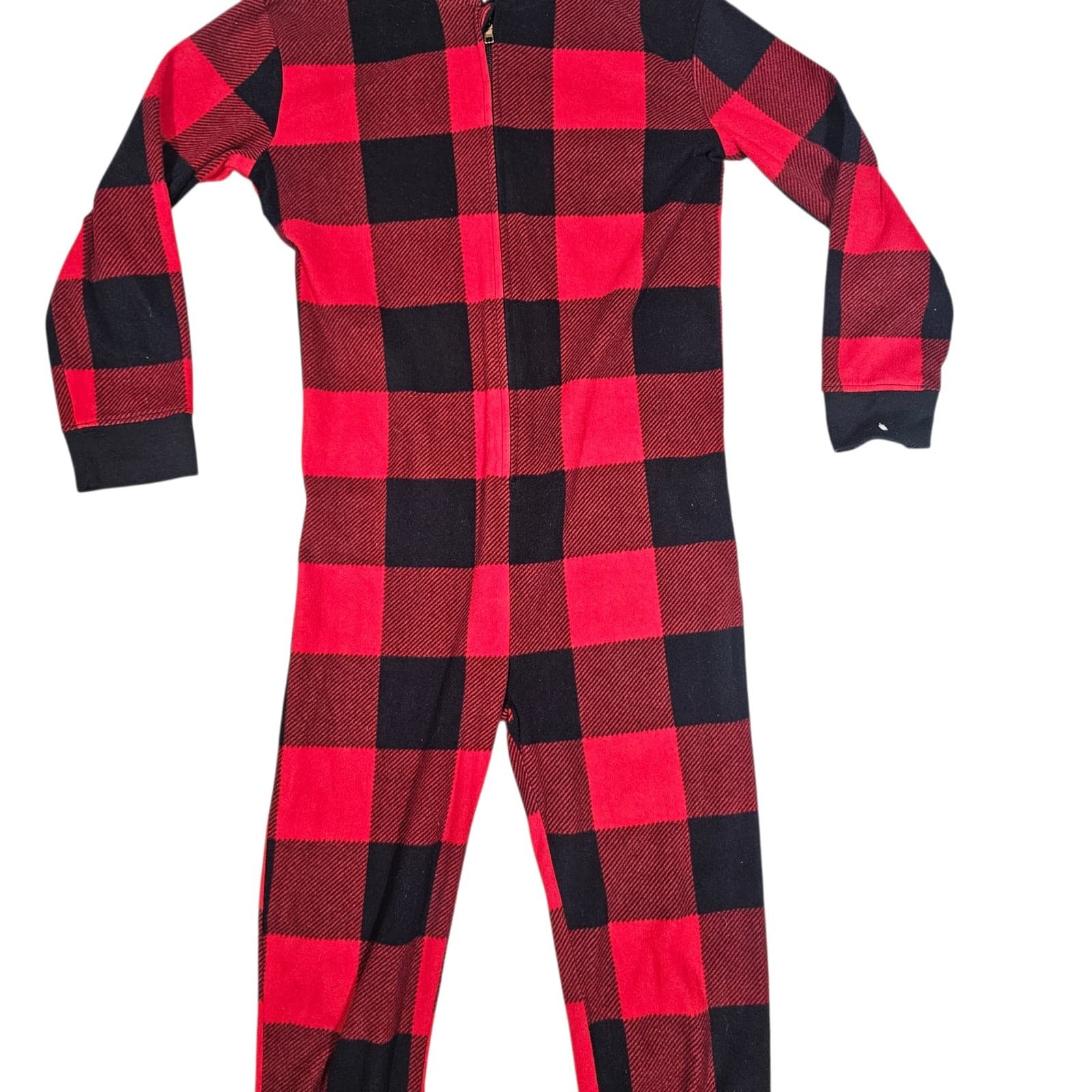 Old Navy unisex Kids Large Red Black Buffalo Plaid Zip Up Hood One Piece Pajama - Thumbnail 6