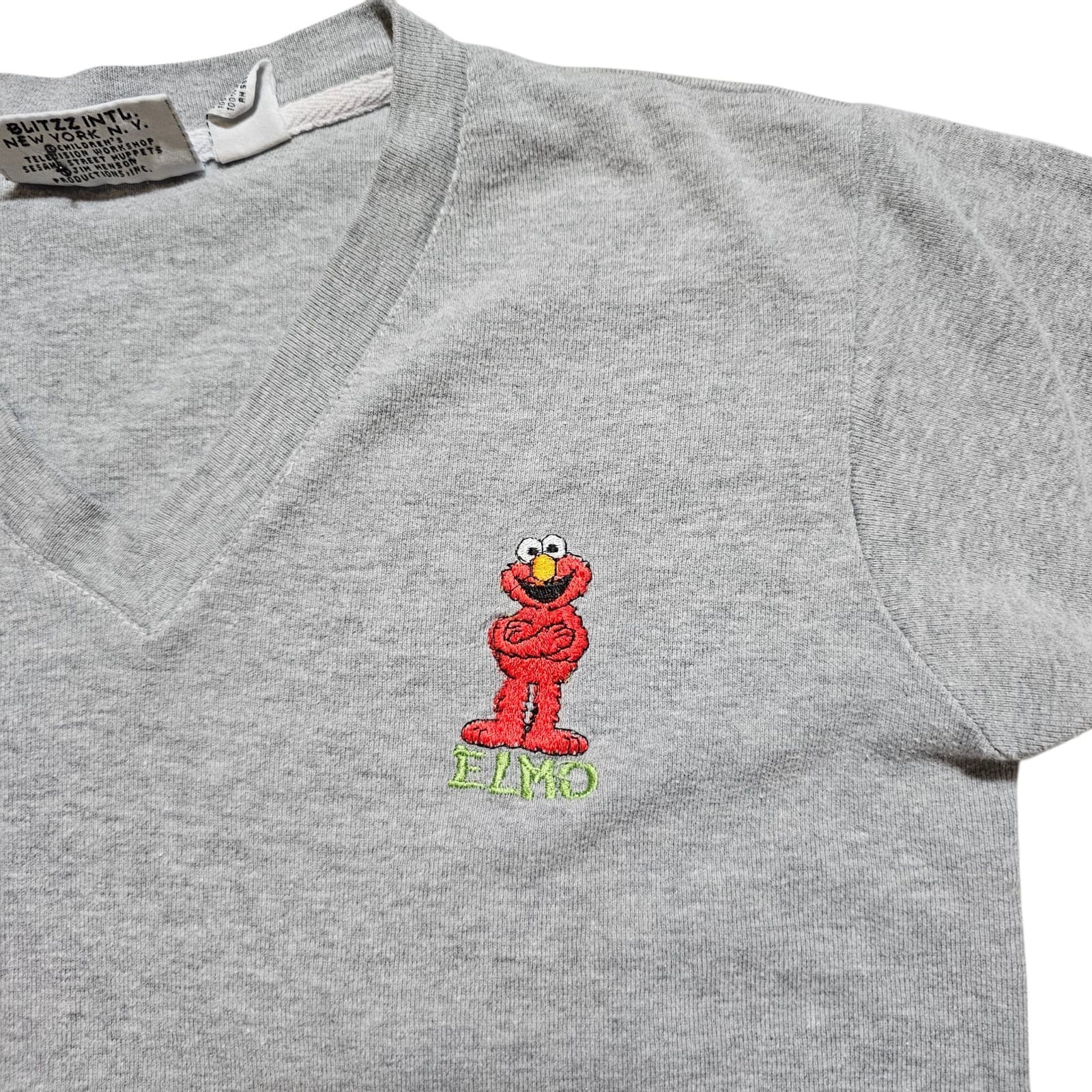 Vintage 90s Sesame Street Elmo Embroidered V Neck Grey Youth M - Thumbnail 3