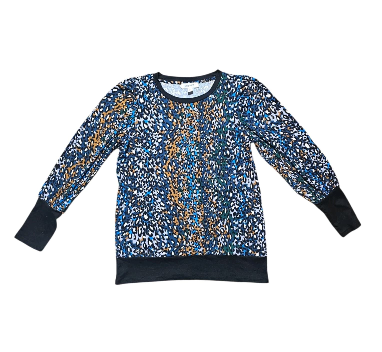 Nine West Blue Yellow abstract Leapard Pebble Print Top Womans Medium