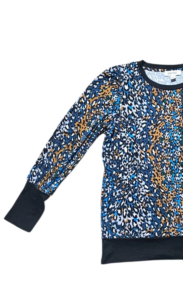 Nine West Blue Yellow abstract Leapard Pebble Print Top Womans Medium - Thumbnail 4