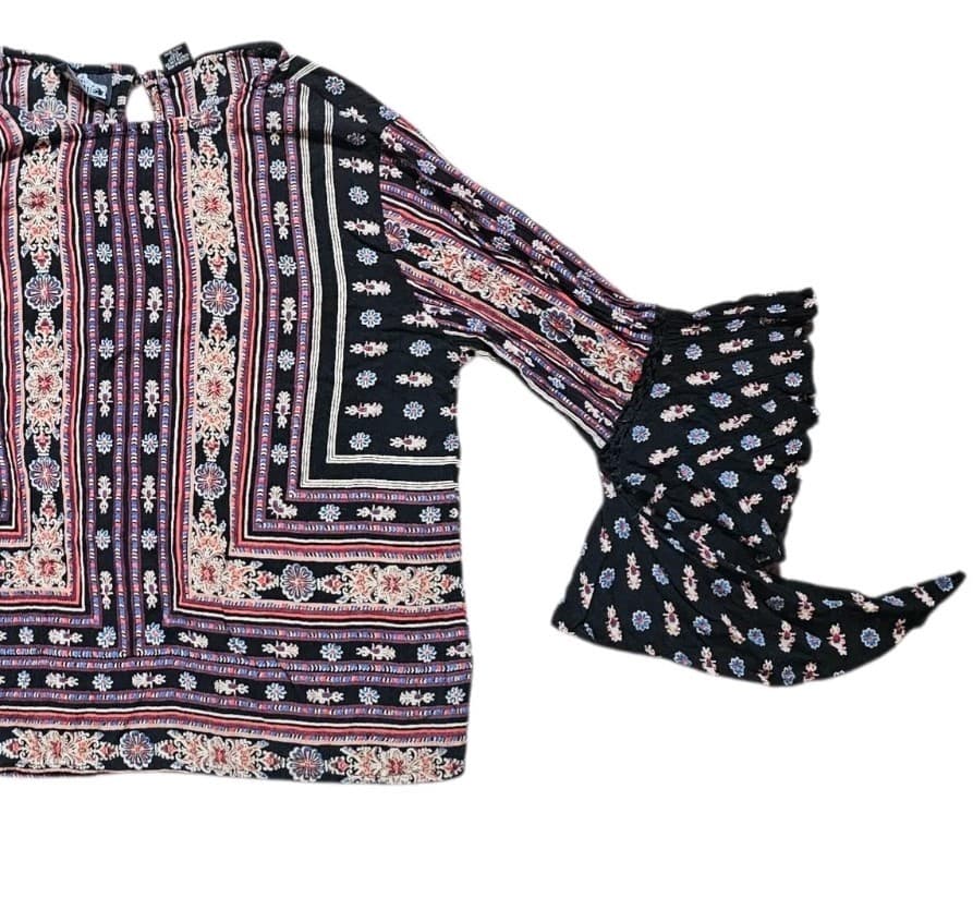Angie Boho Border Print Peasant Blouse Bell Sleeve Paisley Top Womans Size Large - Thumbnail 5