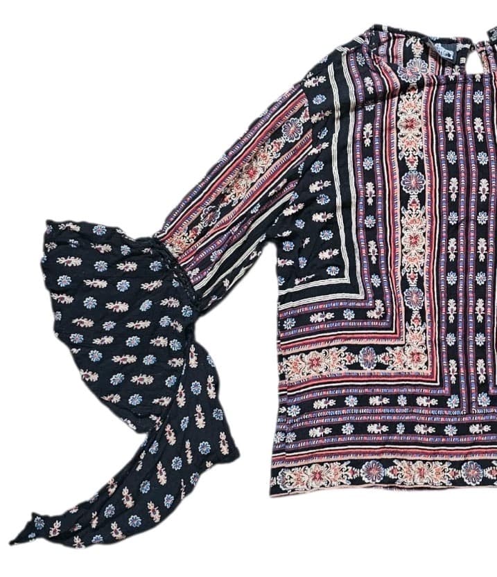 Angie Boho Border Print Peasant Blouse Bell Sleeve Paisley Top Womans Size Large - Thumbnail 4