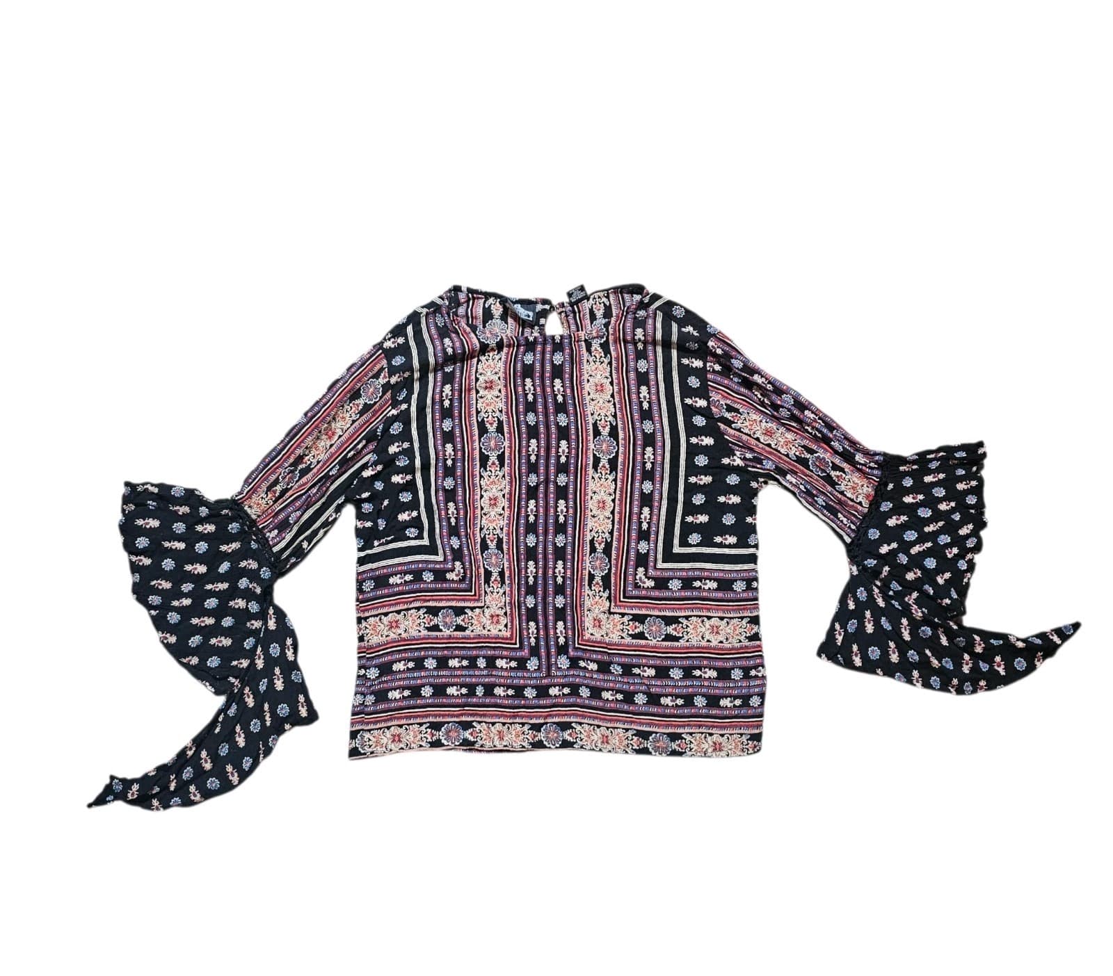 Angie Boho Border Print Peasant Blouse Bell Sleeve Paisley Top Womans Size Large