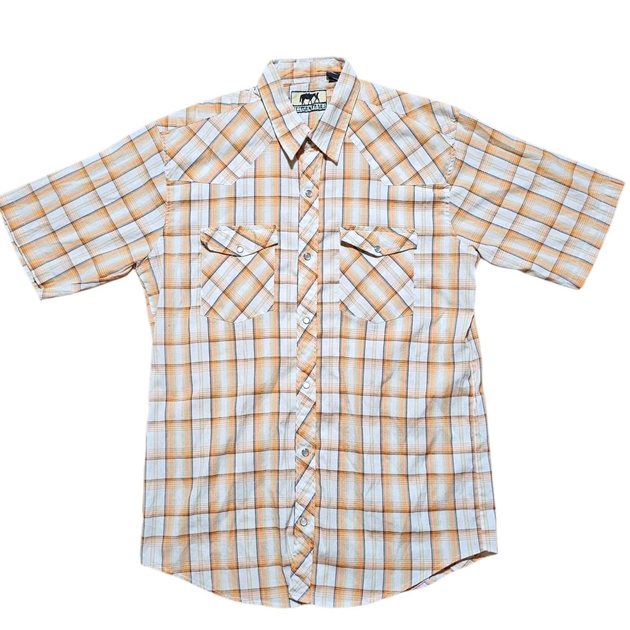 Western Trails Button Up Shirt Mens L Orange Plaid Pearl Snaps Short Sleeve